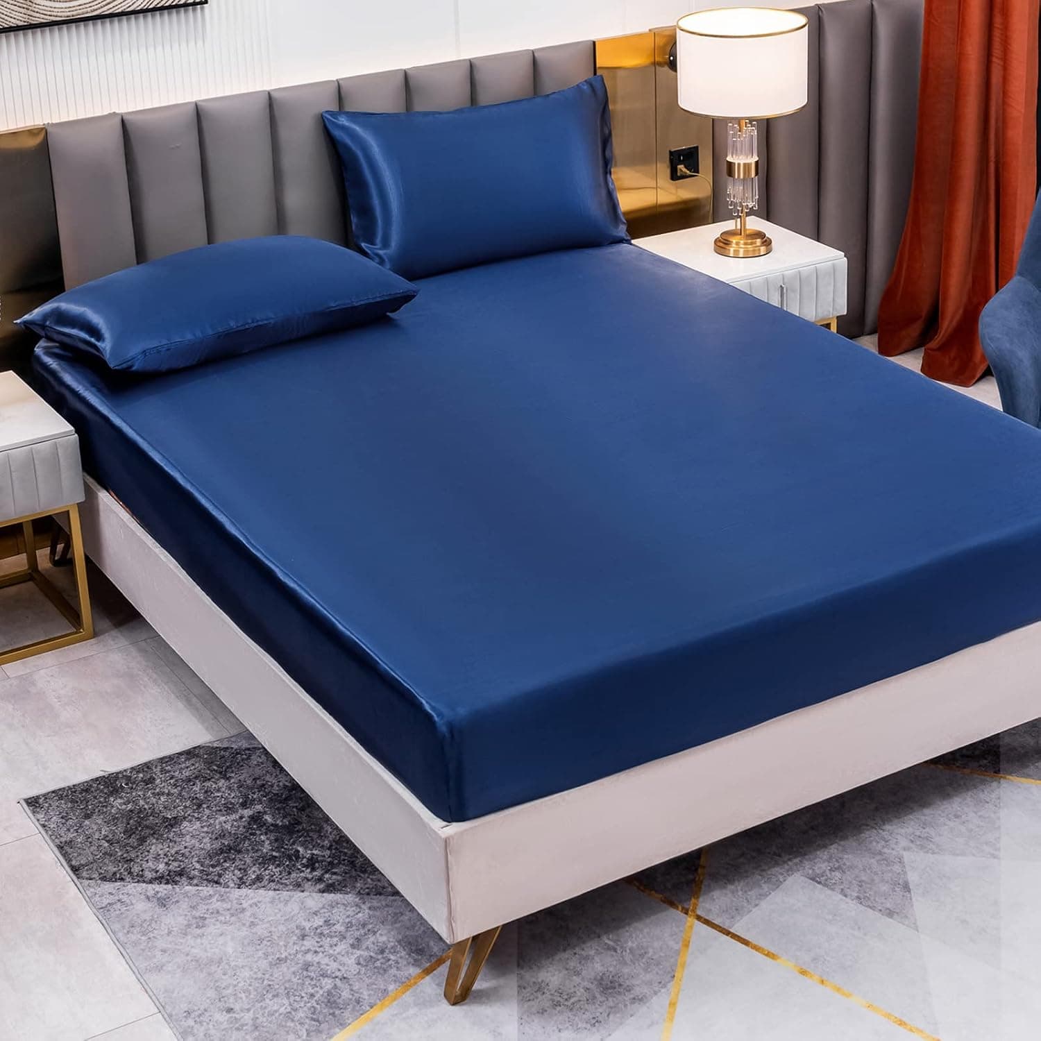 Drap Housse Satin 135x190 cm 2 Personnes avec Grand Bonnet de 30 cm pour Matelas Épais - Drap-Housse Douce en Satin de Polyester Couleur Unie, Bleu Marine
