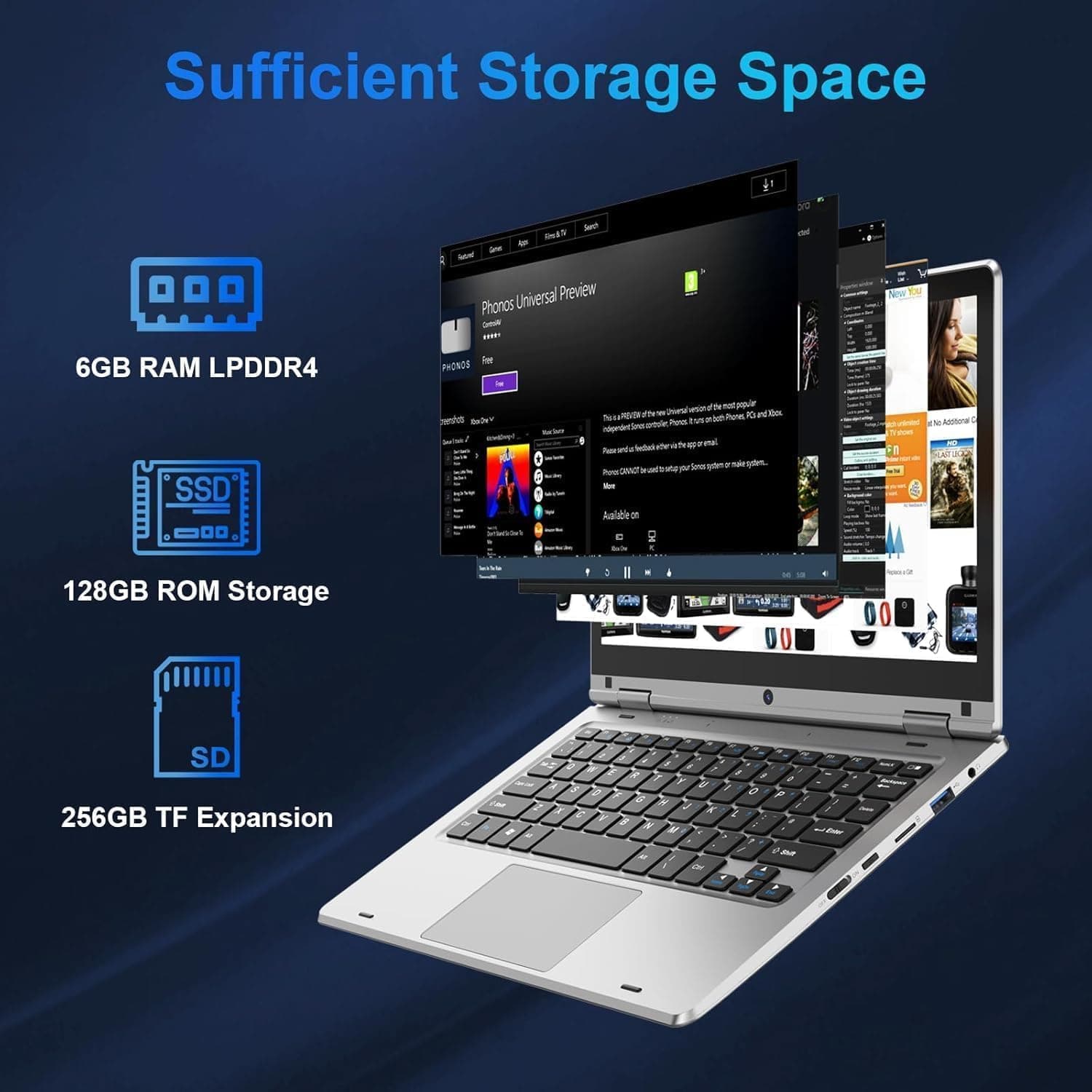 PINSTONE 11,6 Pouces Ordinateur Portable - Celeron N4020 6 Go de RAM 128 Go de SSD, Mini PC Portable Tactile Pliable à 360°, 2,4/5 GHz WiFi, Bluetooth 4.2, Mini HDMI, Laptop Extension par SD - Argent