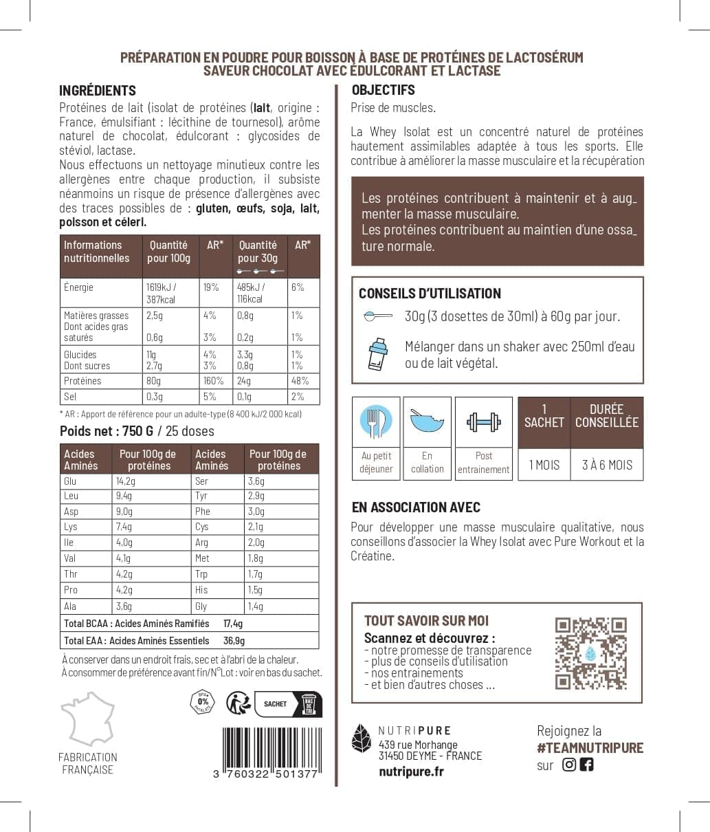 Nutripure | Pack Prise de Muscles | Whey Isolate Native + Créatine Monohydrate Gélules + Pre Workout (EAA, BCAA) | Idéal pour Musculation, Prise de Masse Musculaire, Fatigue Musculaire | Goût Chocolat