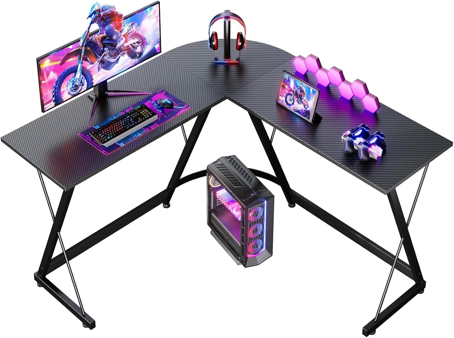 ODK Bureau Gaming d'angle, 120x120cm, Noir Fibre Carbone