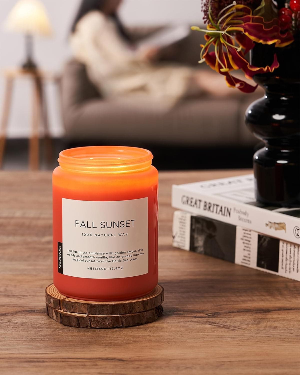 M&SENSE Bougie parfumée en Bois D'ambre, Grande Bougie de soja de 550 g, Durée de Combustion de 110 heures, Aromathérapie Lente Naturelle et Biologique, Bougie Cadeau pour les Femmes