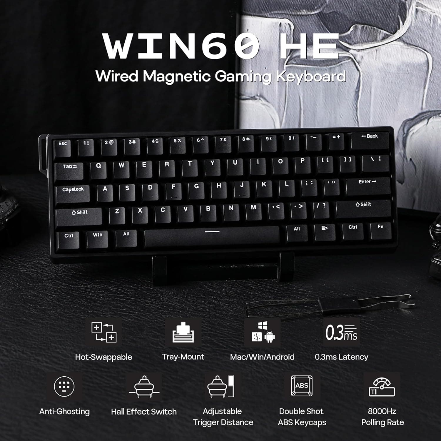 EPOMAKER Aula WIN60 HE 60% Clavier Magnétique avec Actionnement Réglable | 8 000Hz, Commutateurs à Effet Hall, Échange à Chaud, pour Jeux FPS (Noir)