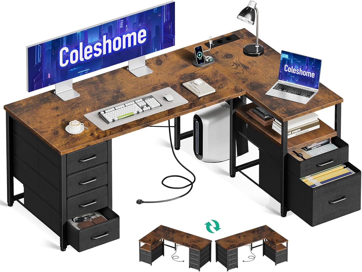Coleshome Bureau d'angle avec Tiroirs en Tissu, 140x80cm, Marron