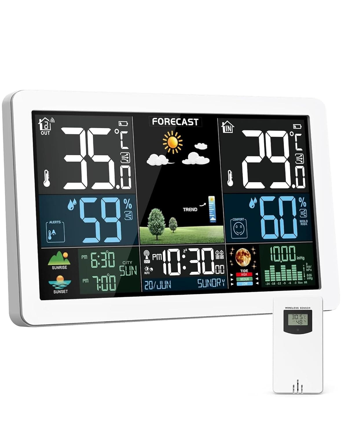 Station Météo Intérieur Extérieur Sans Fil, Écran Couleur, Prévision Blanc