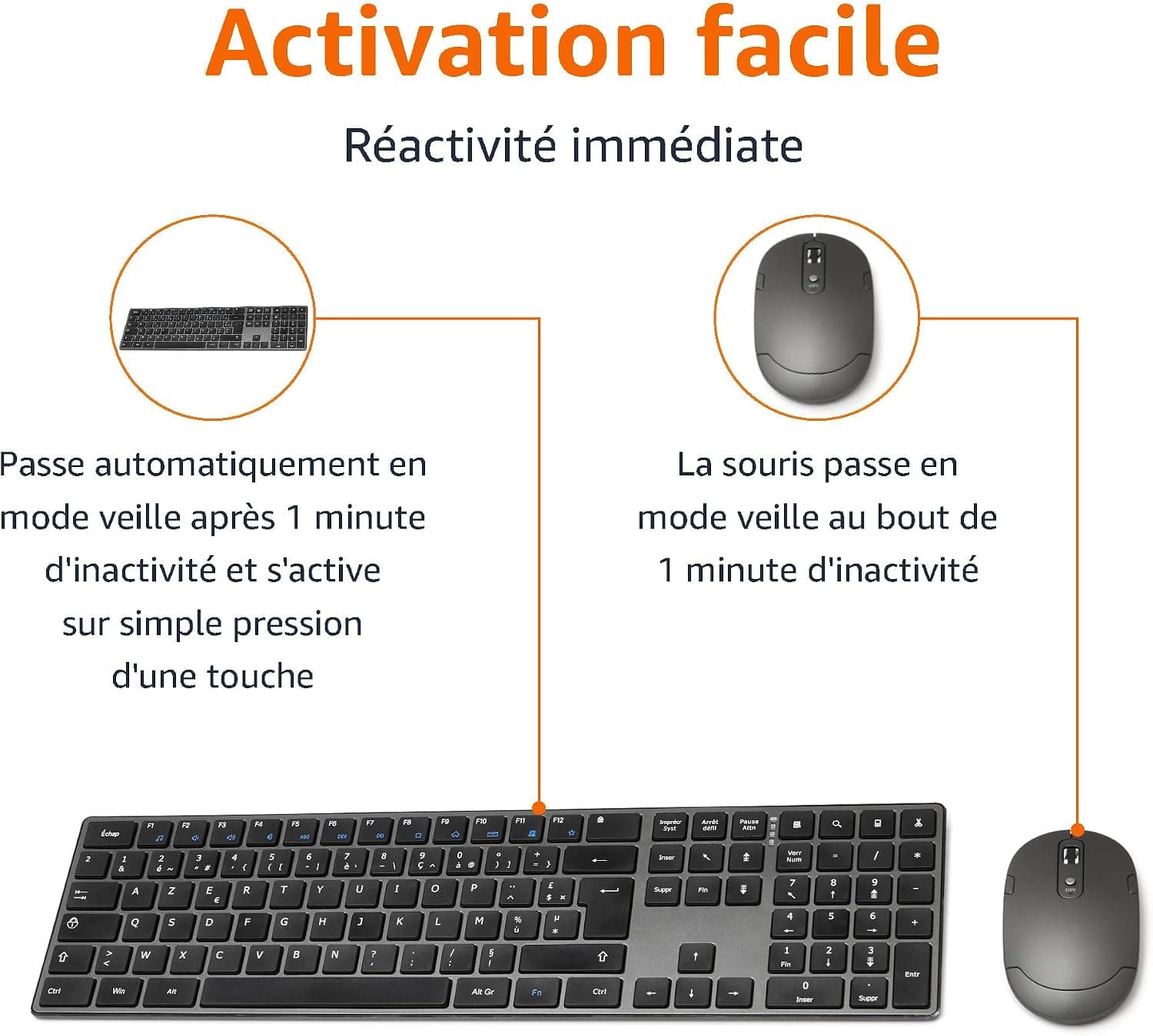 Amazon Basics souris sans fil rechargeable - Clavier complet ultra-mince et silencieux avec pavé numérique, FR Layout Gray, noir