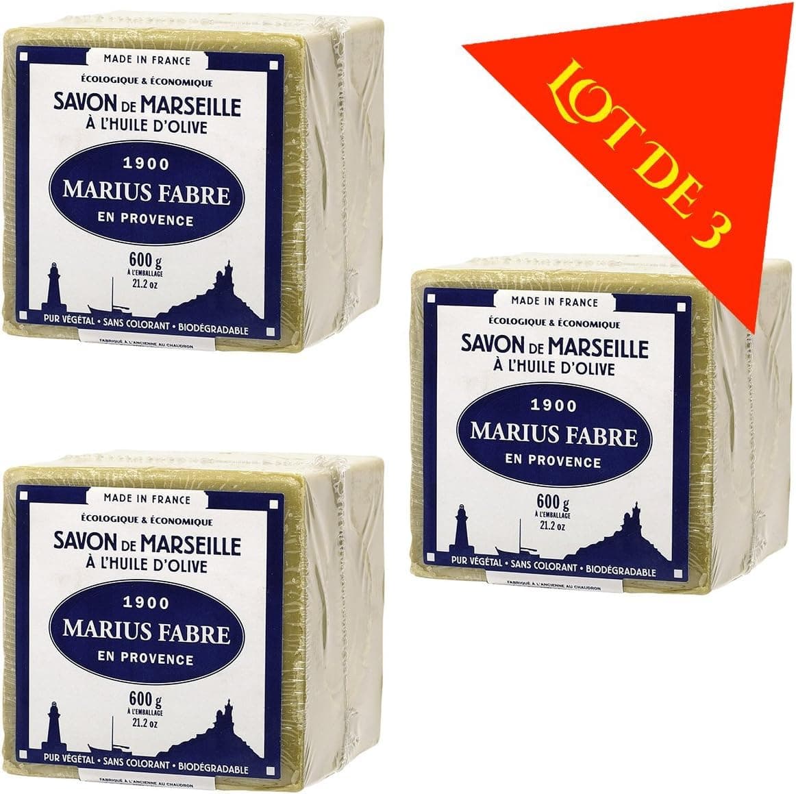 Lot de 3 savons de MARSEILLE à L'HUILE D'OLIVE - Cubes de 600g - Marius Fabre ...