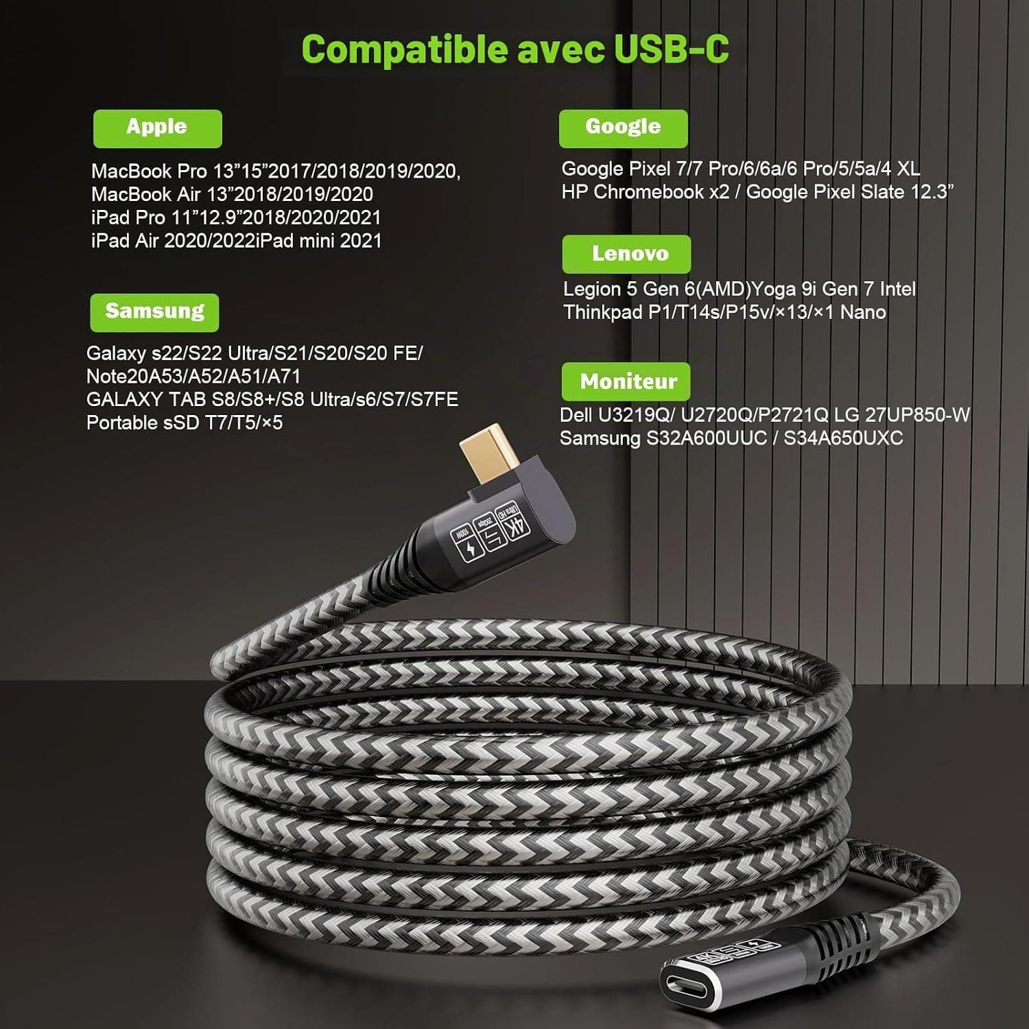 CAKOBLE Rallonge USB-C 3.2 Gen2 20Gbps 100W/5A - Câble Coudé 25cm Compatible avec Hub, Dell XPS, Chargeur - 4K@60Hz