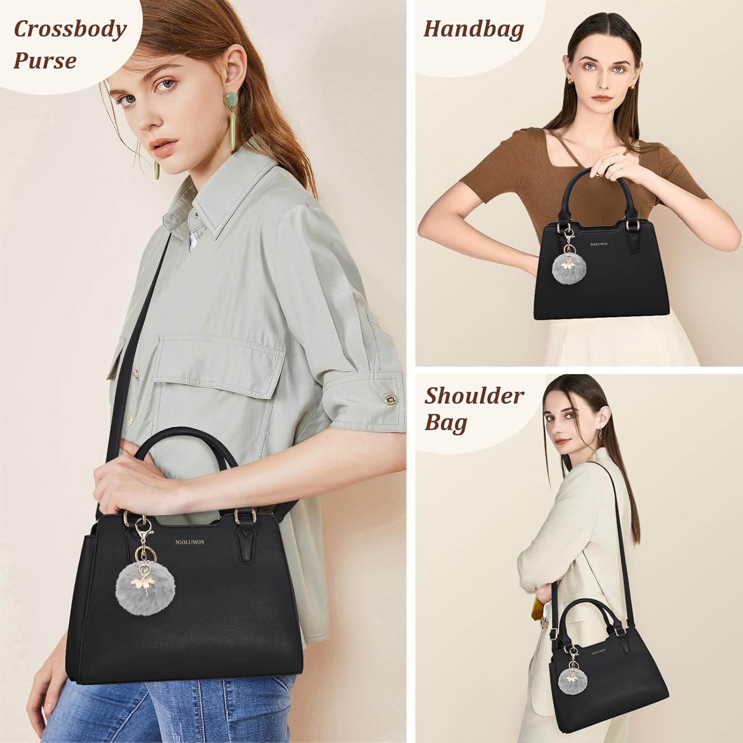 IGOLUMON Sac a Main Femme Cuir Sacs à Main Portés Main Femme Sac à Main Bandoulière Sac Bandouliere Sacs Bandoulière Sac Fourre Tout Sac Besace Sacoche Femme pour Université Travail Noir