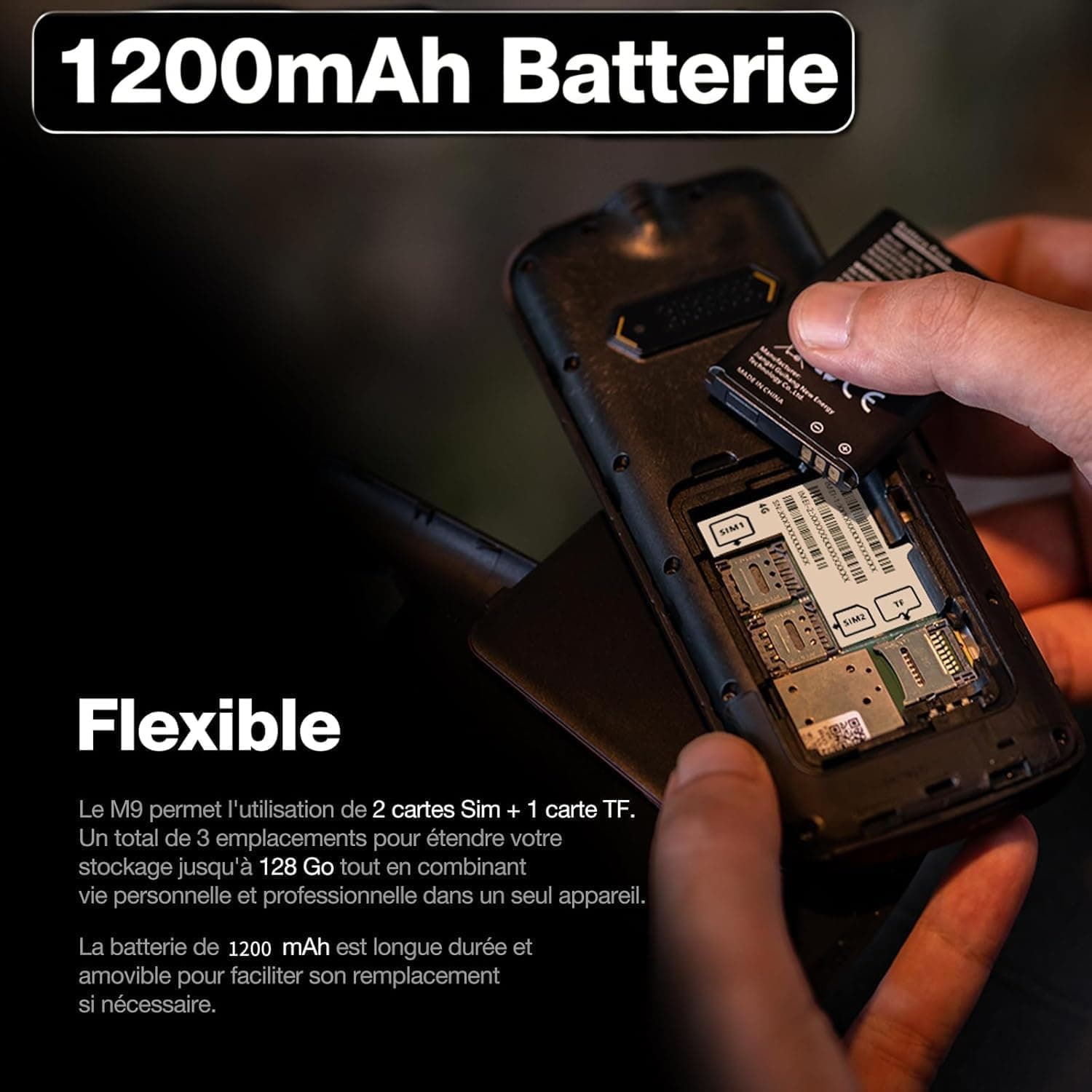 AGM M9 4G Téléphone Portable Robuste IP68/IP69K 3 Slot SIM Radio FM 1200mAh | Grandes Touches, Police De Caractères Large, Numérotation Abrégée, 3 Emplacements pour Cartes, Radio FM, Lampe Torche