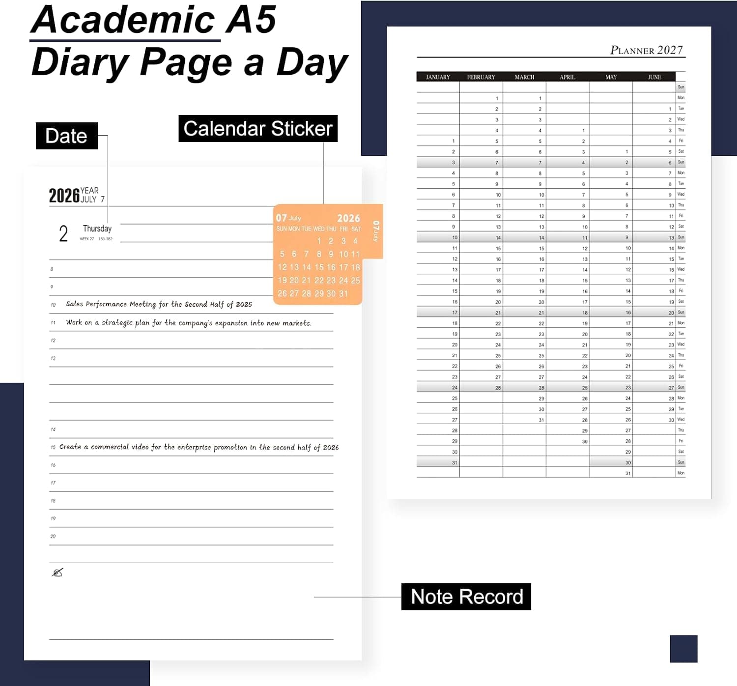 Agenda académique journalier 2026-2027 de juillet 2026 à juin 2027 avec couverture rigide et stylo, marque-page, onglets mensuels, autocollants (bleu)