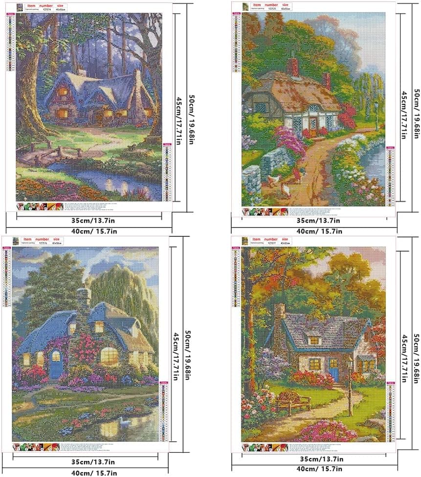 DCIDBEI Lot de 4 Peinture Diamant Paysage Adultes 40x50 cm Broderie Diamant Cottage aux Fleurs Tableau Diamant Kit Complet Adulte Diamond Painting Maison de Campagne