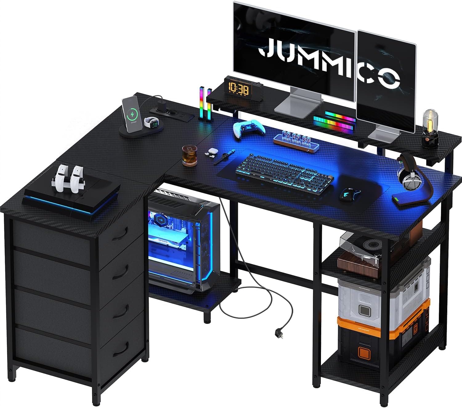 JUMMICO Bureau d'angle en Forme de L 135 cm avec lumières LED, Noir