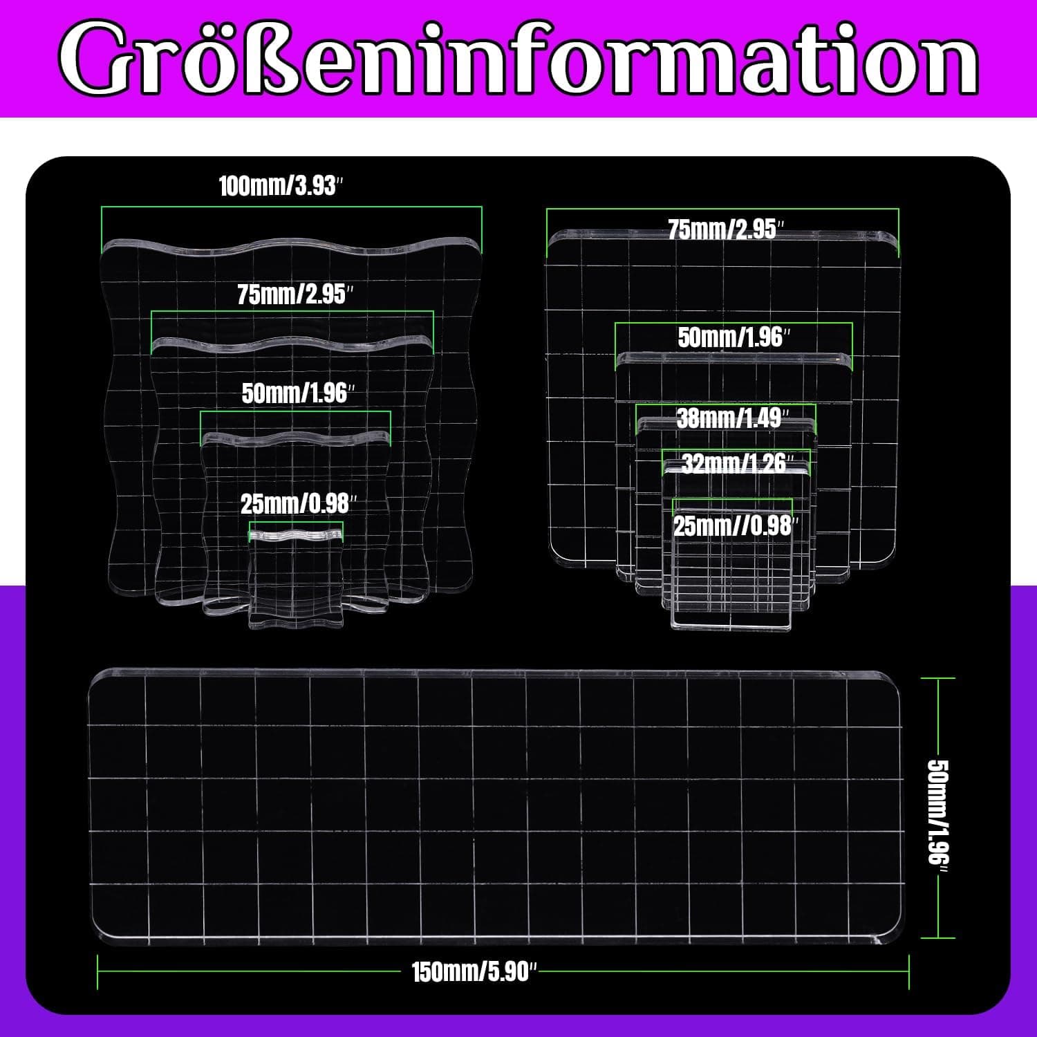 Kit 10 blocs acryliques pour tampons silicone, avec grille. Transparents, adaptés estampage, cartes, artisanat.