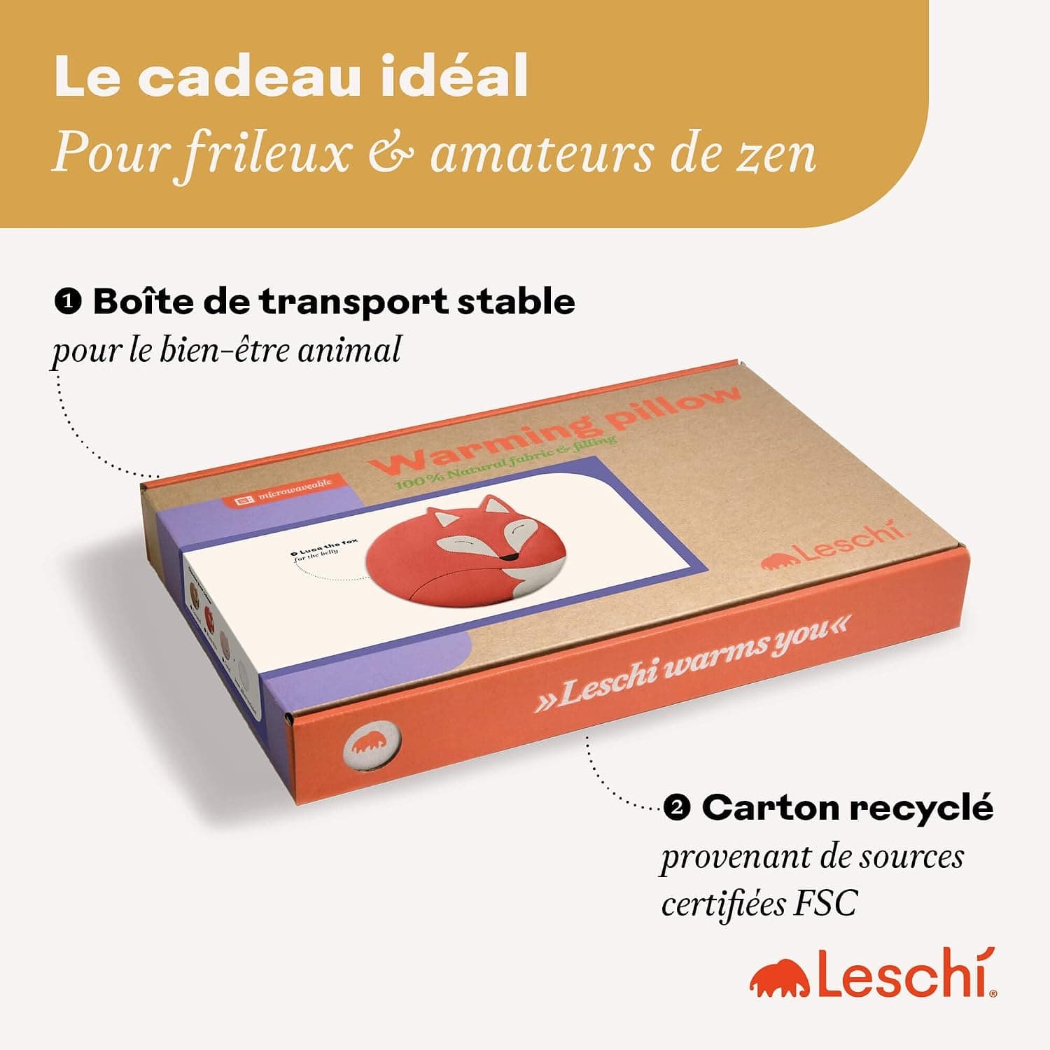 LESCHI Coussin chauffant micro-ondes en coton 100% bio, 4 compartiments, Renard brun doré, Bouillotte graines de blé 100% bio, Bouillotte micro-ondes idéale pour soulager les douleurs menstruelles