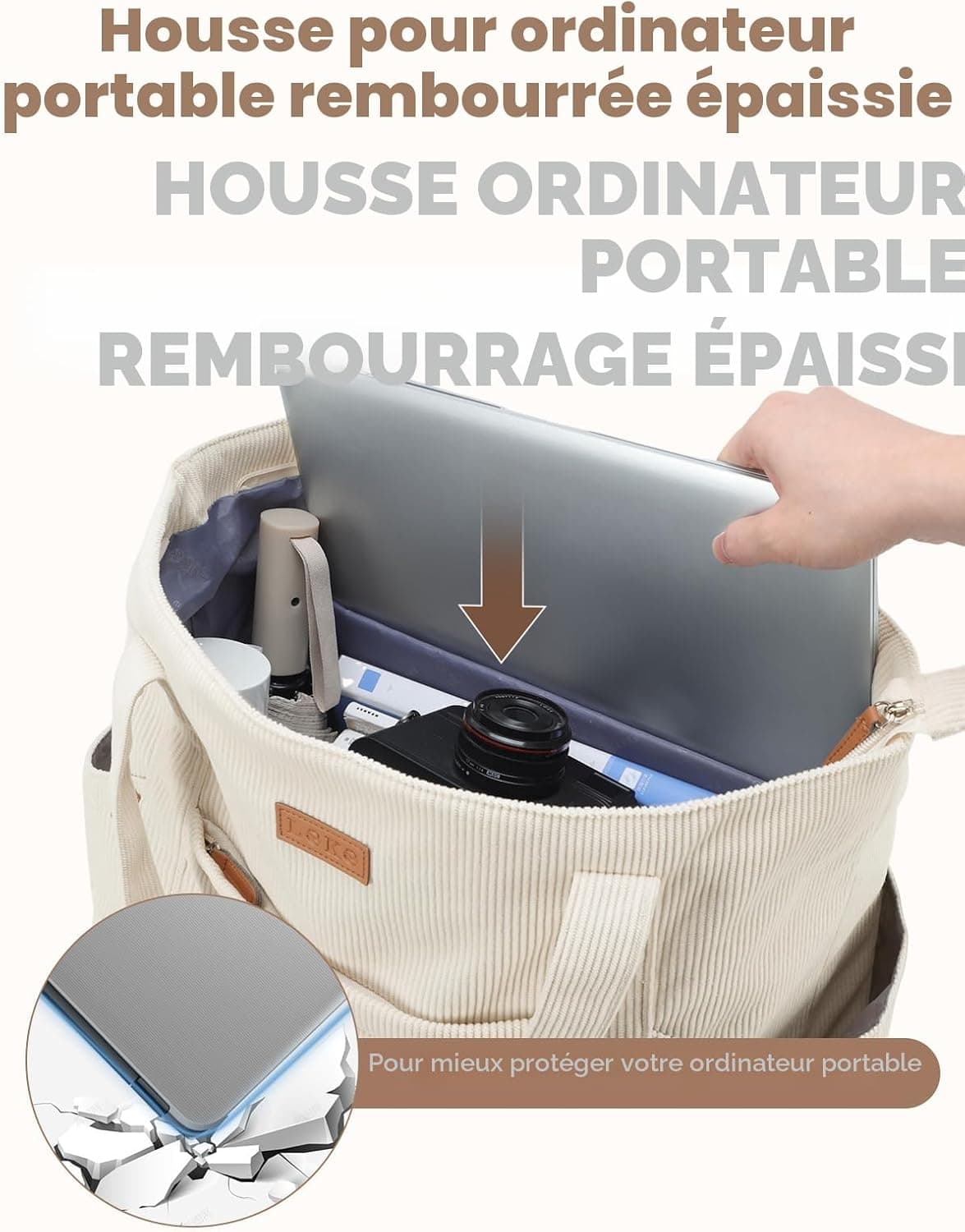 Lekesping Sac Fourre-Tout Femme Grand en Velours Côtelé, Bandouliere Cabas avec Fermeture Éclair et Poches, Léger Sac a Main Ordinateur 17 Pouces pour Voyage Shopping Université et Usage Quotidien
