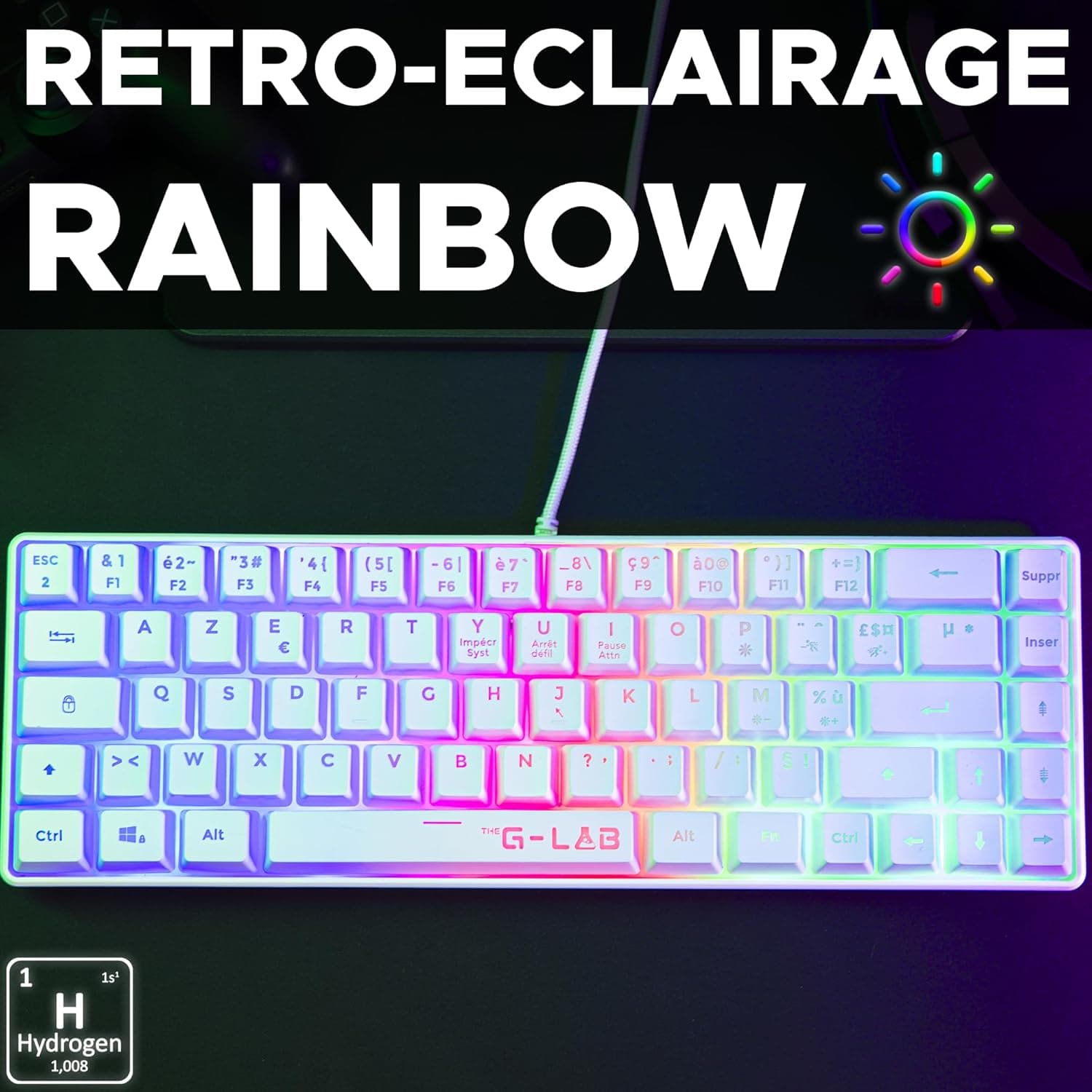 The G-Lab Keyz Hydrogen, Clavier Gamer 60%, Semi-mécanique Filaire Azerty, Rétroéclairage Multicolore- Mini Clavier Gamer Silencieux, Format Compact TKL - PC/PS5 (Blanc) | Filaire USB, Format 60% Compact, Semi-mécanique, Rétroéclairage Multicolore, Silencieux, Blanc, Compatible PC/PS5