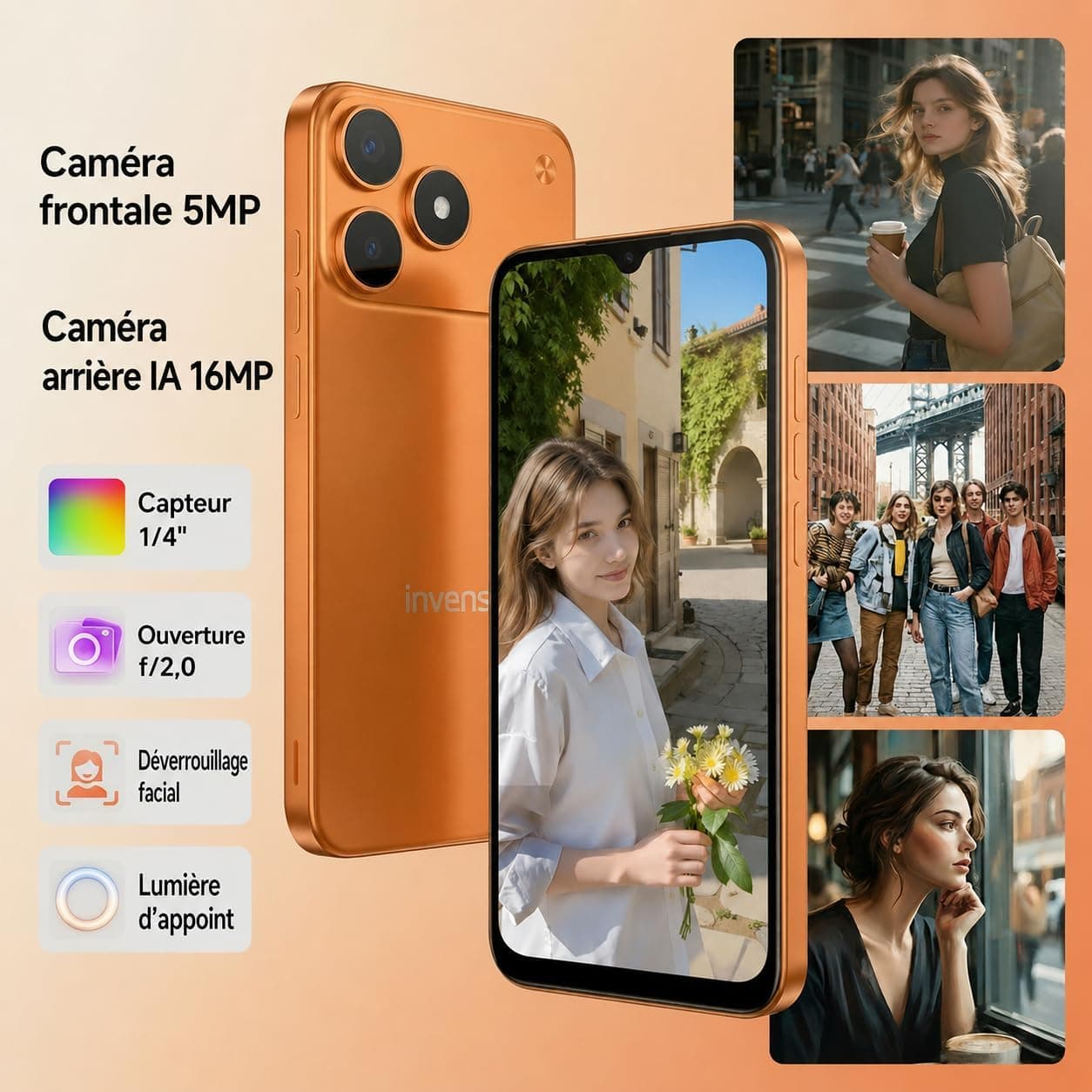 invens Note 15P Téléphone Portable 4G Débloqué, Smartphone Android 16 Go, 9 Go (3+6)+32 Go/256 Go TF, Caméra 16+5 MP, Écran 6,6" HD+, Batterie 3500 mAh, Double SIM, GPS, OTG, USB-C, Face ID, Noir Mat