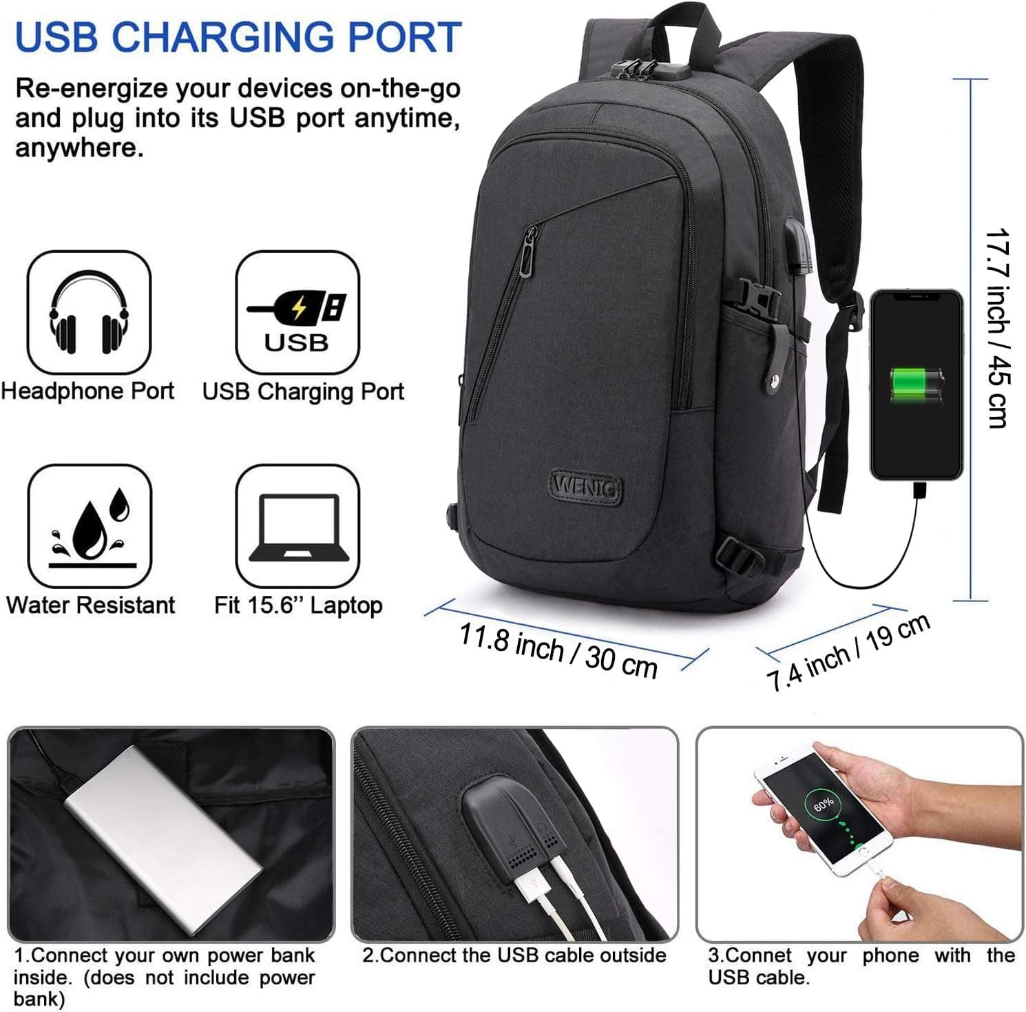 Antivol Sac à Dos Ordinateur Portable 15.6 Pouces Homme Imperméable avec USB Charging Port Sac à Dos D'affaires Sac a Dos PC Portable pour Loisirs/Affaire/Scolaire Noir