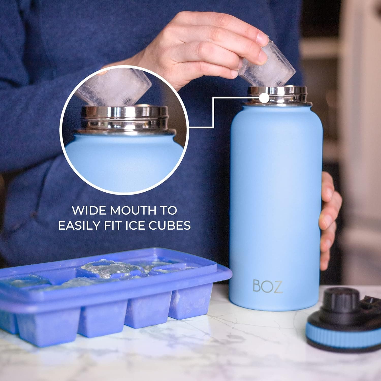 BOZ Gourde Isotherme en Inox, 1 L, Couvercle Anti-Germe (Bleu Clair) | Pour Bureau, Sport, Voiture, Randonnée et Salle de Gym