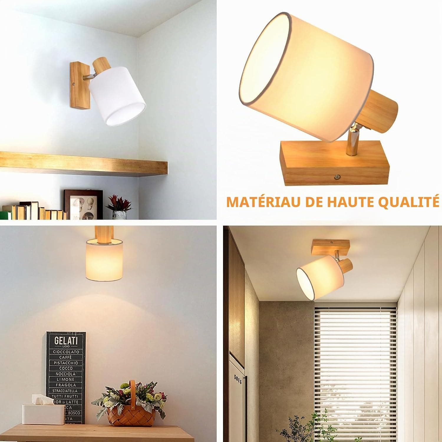 Glitzerlife Spot de Plafond Bois Applique Murale 1 Spot Plafonnier | LED Orientable E14 Vintage Luminaire Intérieurs pour Chambre Salon Cuisine Salle à Manger Max. 40 W(Sans Ampoules)