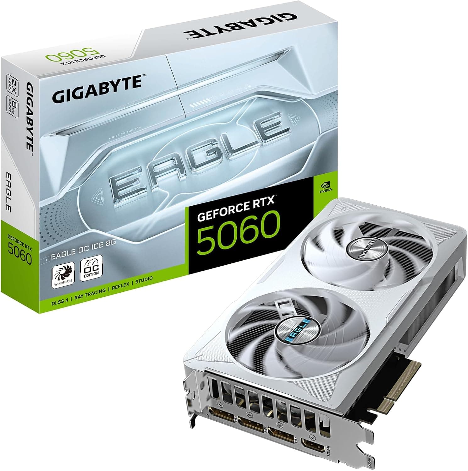 GIGABYTE GeForce RTX 5060 Eagle OC Ice 8G Carte Graphique - 8GB GDDR7, 128bit, PCI-E 5.0, 2550 MHz Fréquence du cœur, 3 x DisplayPort, 1 x HDMI, GV-N5060EAGLEOC ICE-8GD