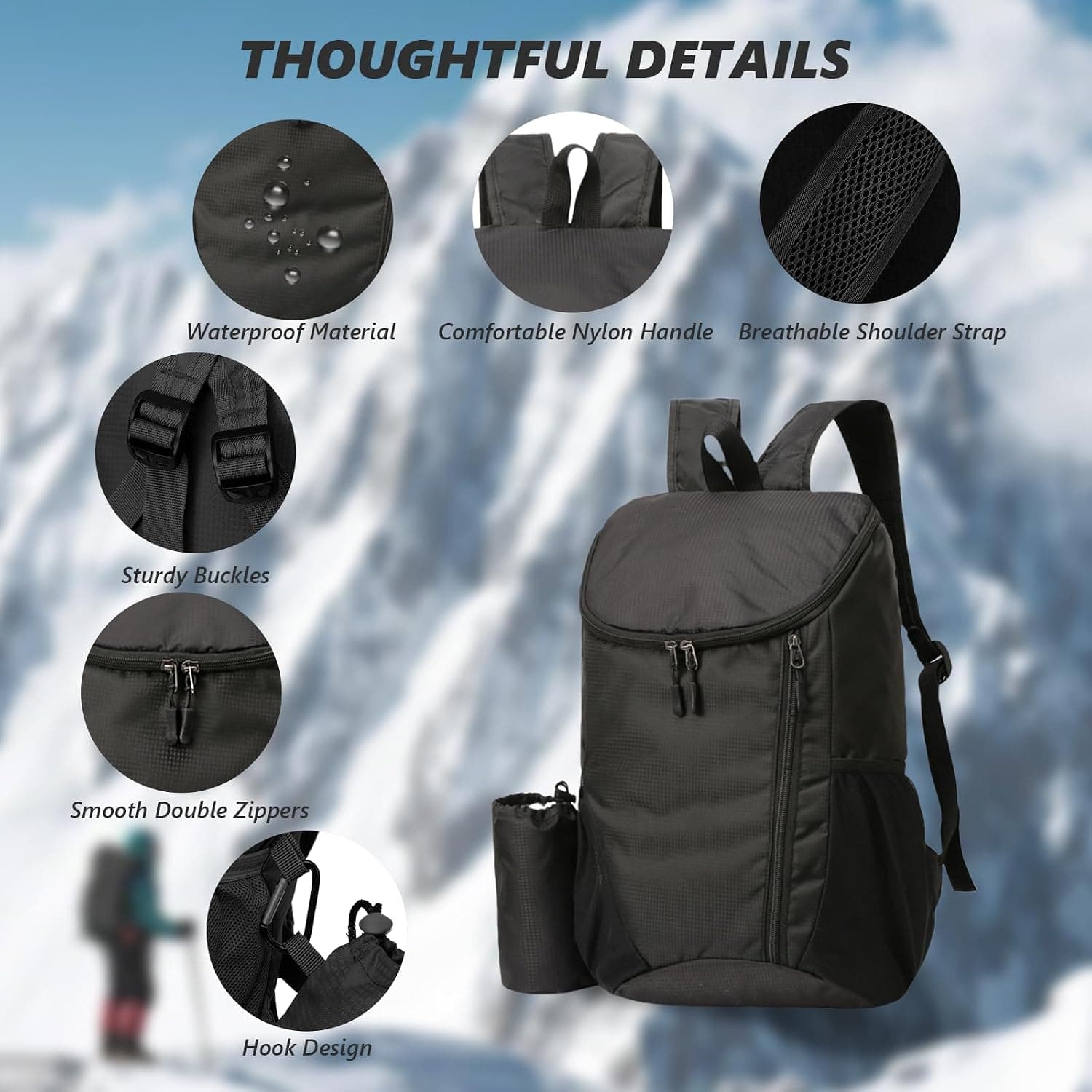 flintronic Sac à Dos Pliable Ultraléger, Sac à Dos de Randonnée, Sac à dos Imperméable Unisexe, Confort et Légèreté, pour le Sport en Plein air Marche Randonnée Camping et Vélo, Noir