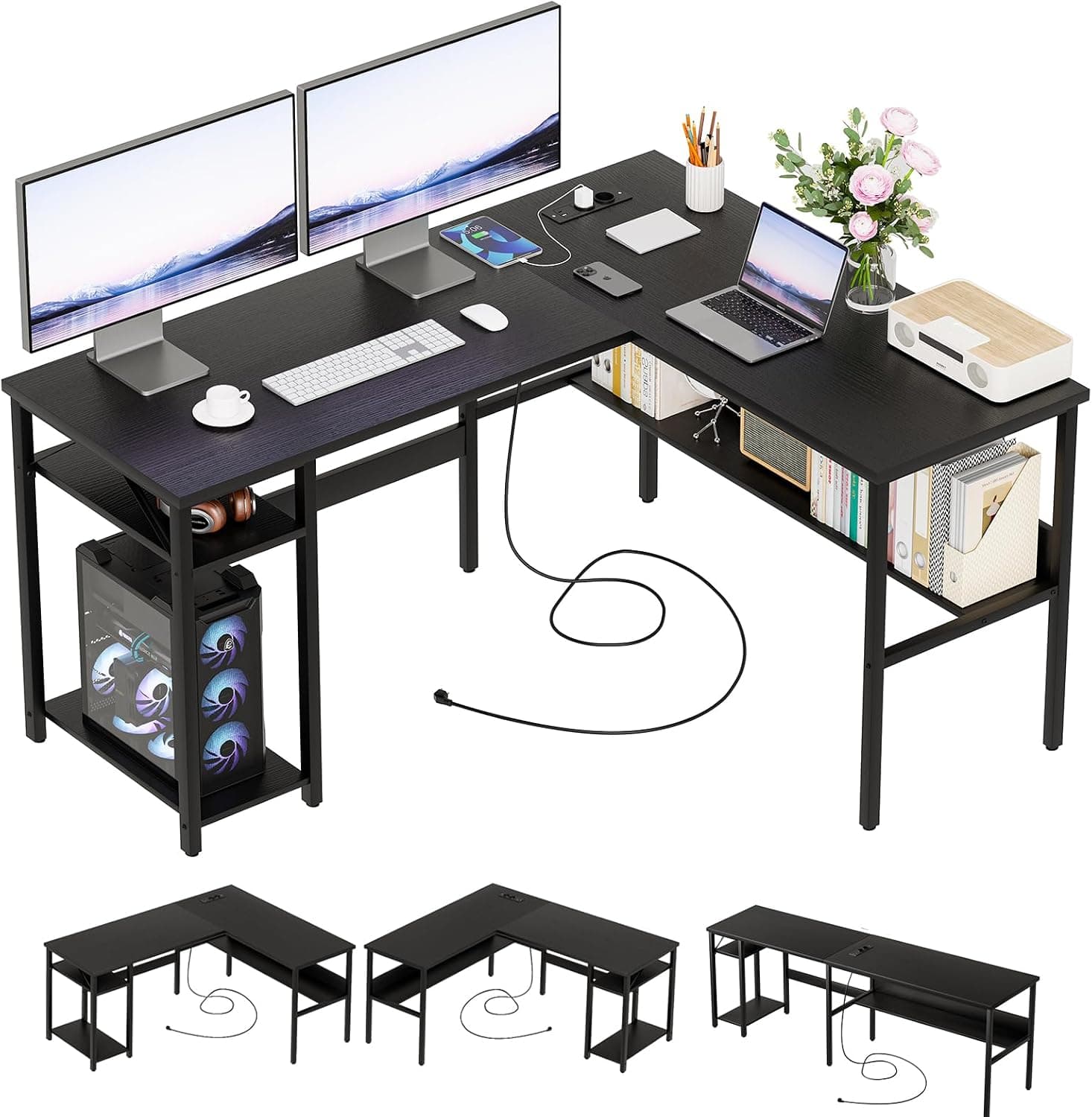 Homieasy Bureau d'angle 128cm avec Prises et USB, Noir