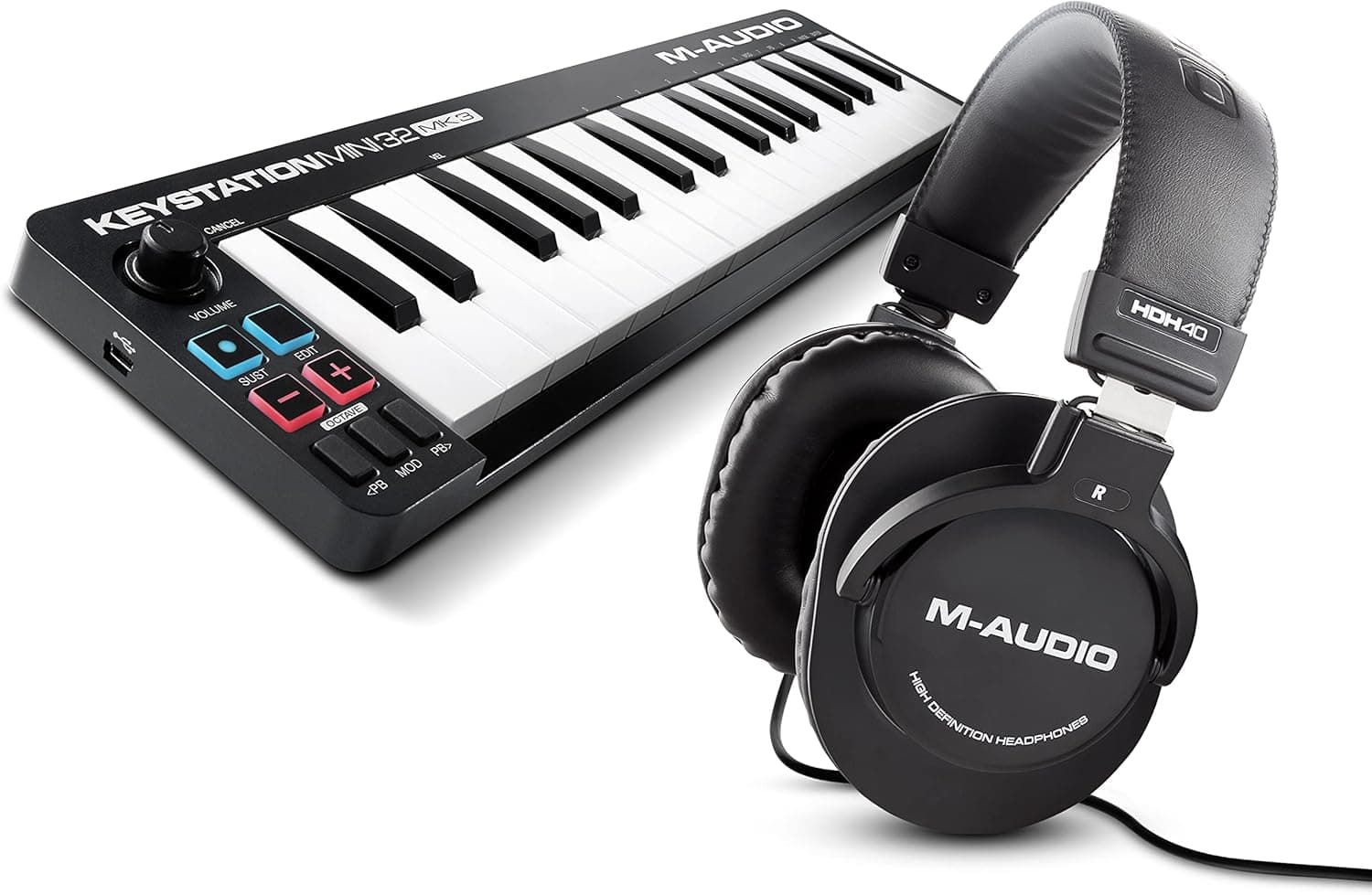 M-AUDIO Keystation Mini 32 MK3 Pack Contrôleur MIDI avec Casque pour Enregistrement Studio, Production Musicale, Podcasting, Streaming