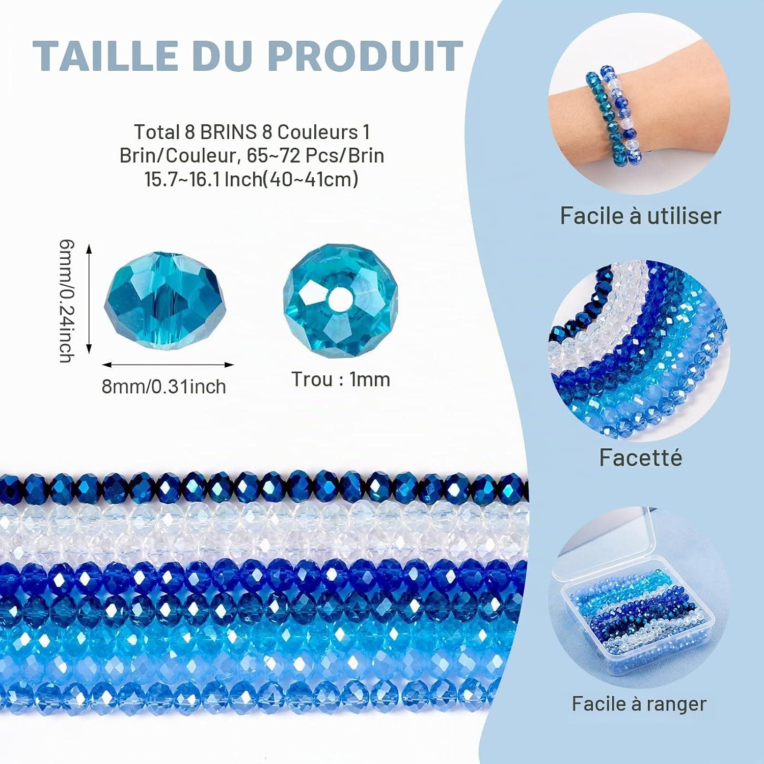 FASHEWELRY 576 pièces Perles en verre rondelle à facettes de thème bleu plaquées transparents en verre pour bracelet, collier, création de bijoux