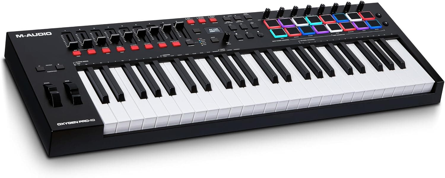 M-AUDIO Oxygen Pro 49 Controleur Clavier USB MIDI | 49 Touches Veloci-Sensibles, 16 Pads, 8 Boutons, 9 Faders et Logiciel DAW Inclus, pour Production Musicale