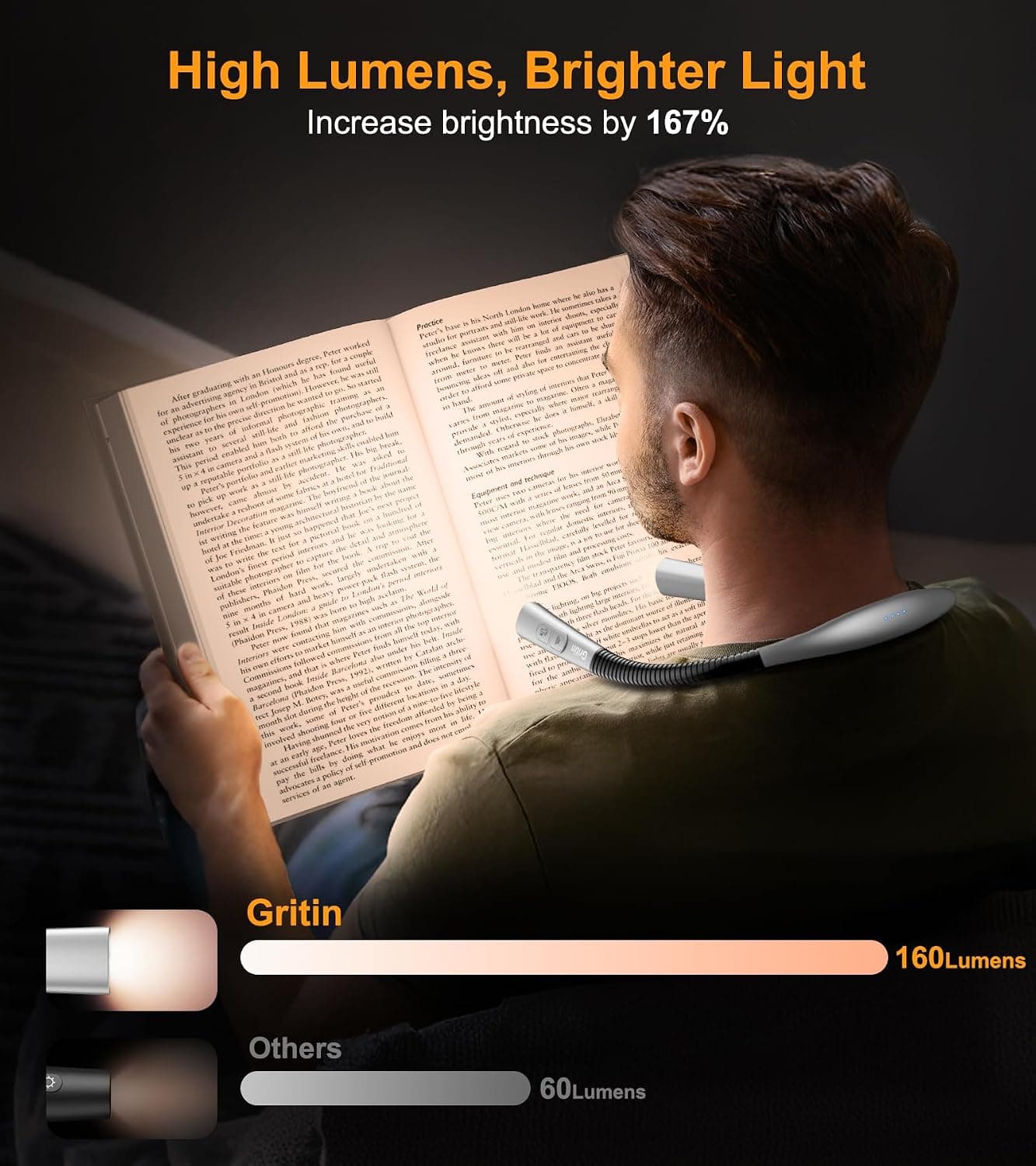 Gritin Lampe de Lecture de Cou Rechargeable au Lit, 4 Couleurs&5 Luminosité