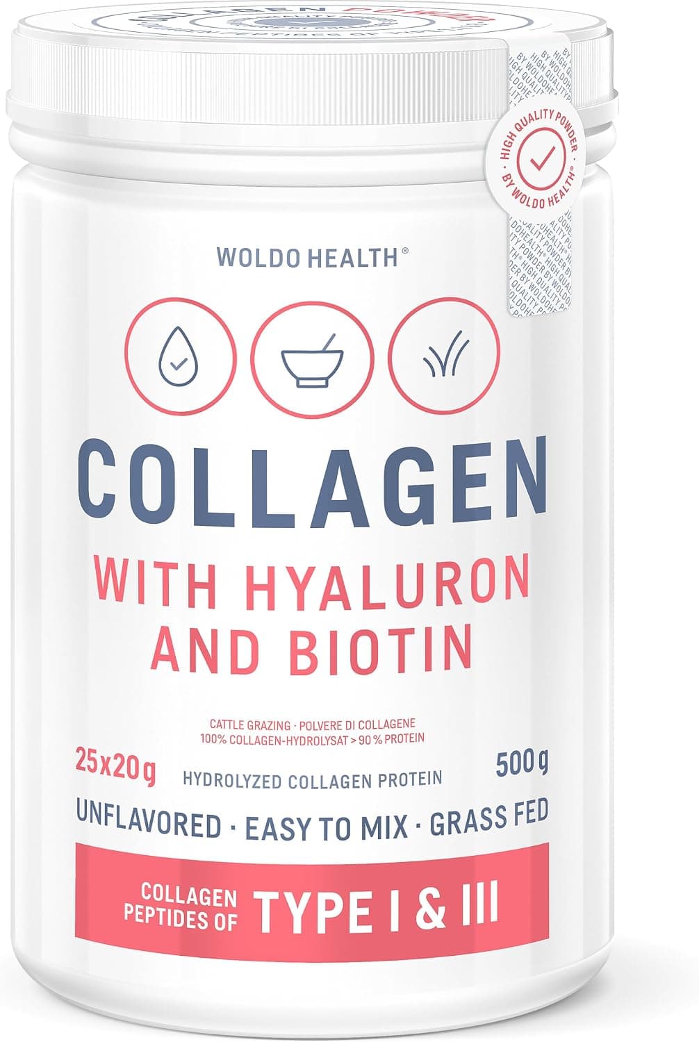 WoldoHealth Collagène en Poudre 500 g Type 1 et 3 - Collagène Bovin
