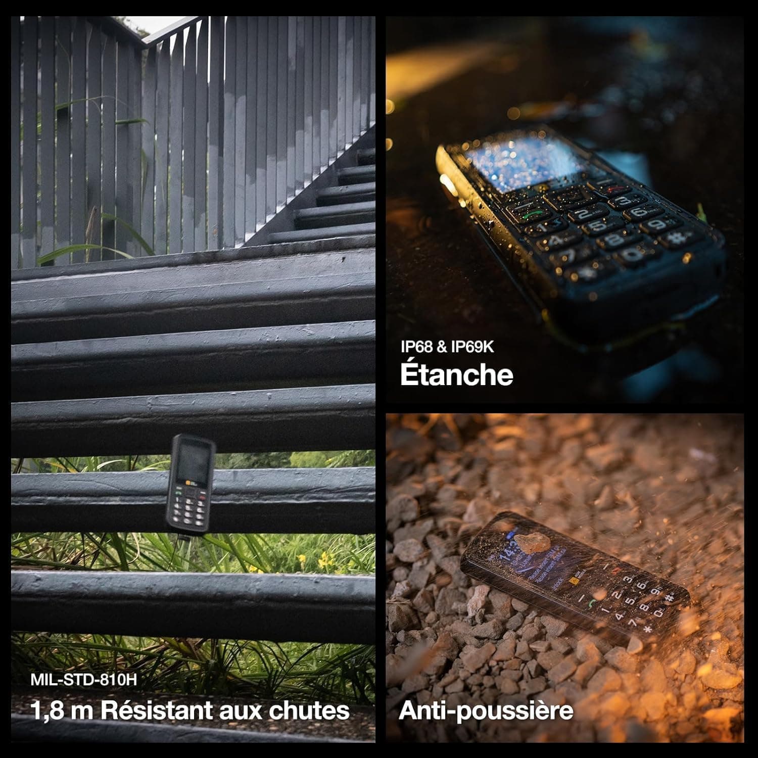 AGM M9 4G Téléphone Portable Robuste IP68/IP69K 3 Slot SIM Radio FM 1200mAh | Grandes Touches, Police De Caractères Large, Numérotation Abrégée, 3 Emplacements pour Cartes, Radio FM, Lampe Torche
