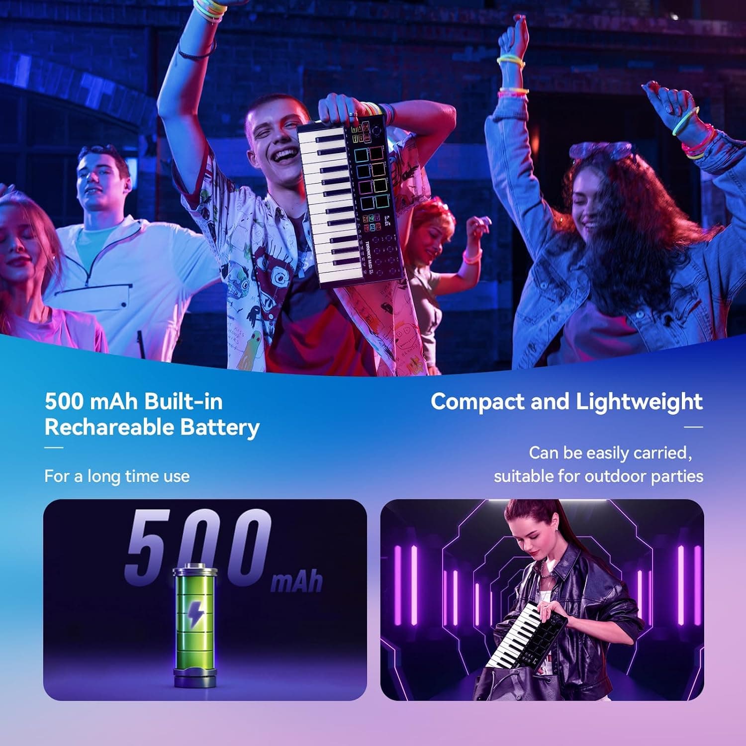 TERENCE Clavier MIDI de 25 Touches Professionnel MIDI Keyboard Contrôleur 500 mAh 8 Pads RGB Bouton Rotatif à 360° Sans Fin 8 Boutons Assignables Écran OLED Compatible avec Plusieurs DAW et Appareils