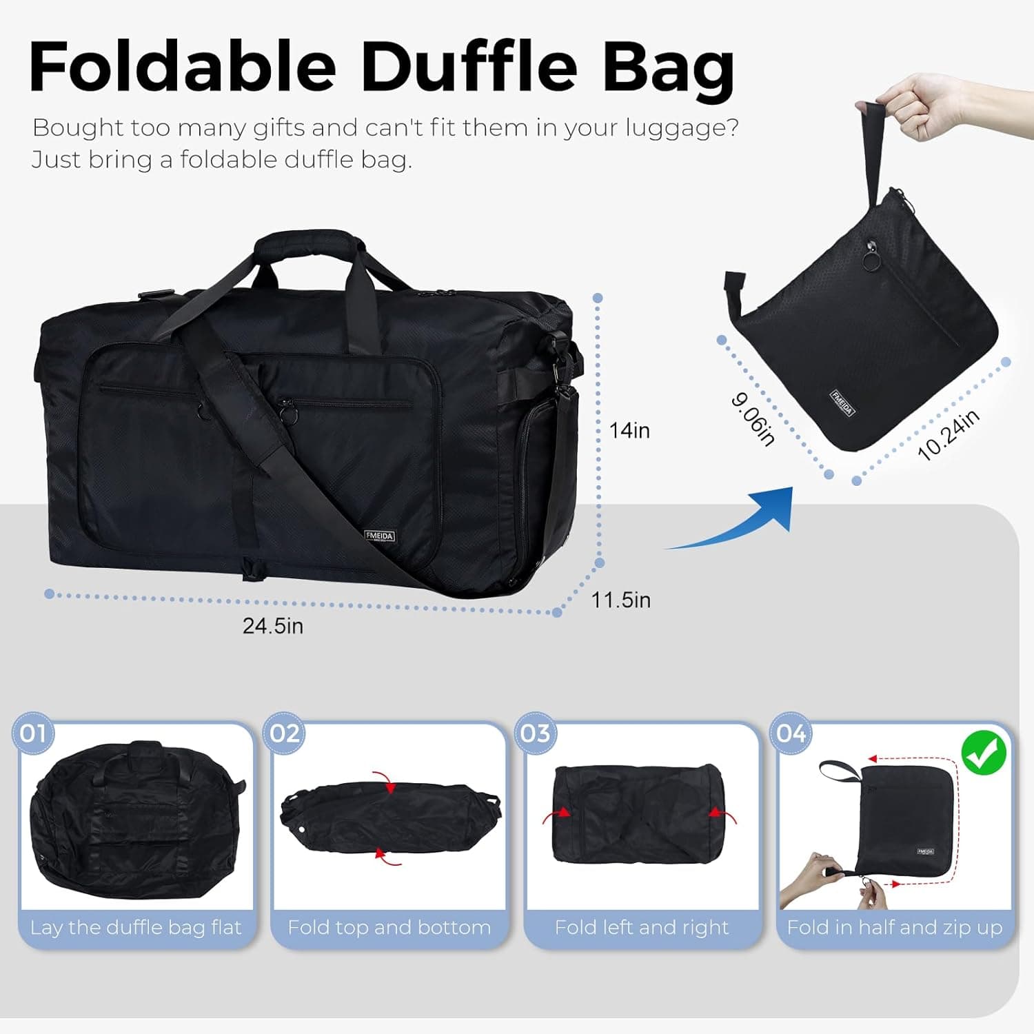 Fmeida Sac de Voyage Pliable 65L – Grand Sacs de Sport Imperméable avec Compartiment à Chaussures pour Homme et Femme, Sac Weekend Léger avec Bandoulière, Idéal pour Gym, Camping, Randonnée, Maternité