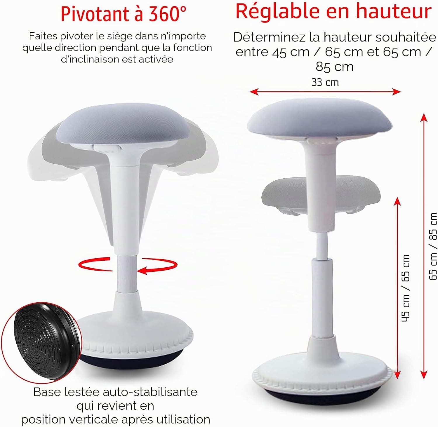 tabouret ergonomique réglable en hauteur pour s'asseoir et se tenir debout (blanc, version 65-85) – Tabouret de bureau oscillant