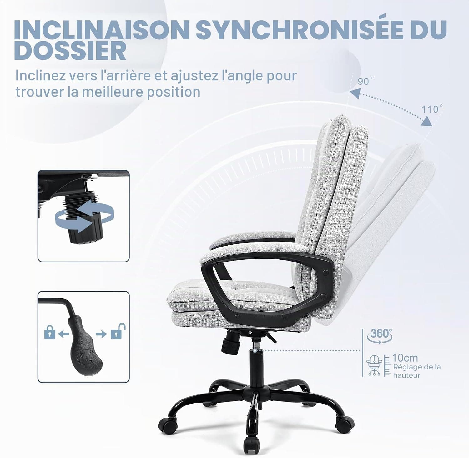 BASETBL Chaise de Bureau Ergonomique pivotante pour PC, Tissu, Gris, Standard