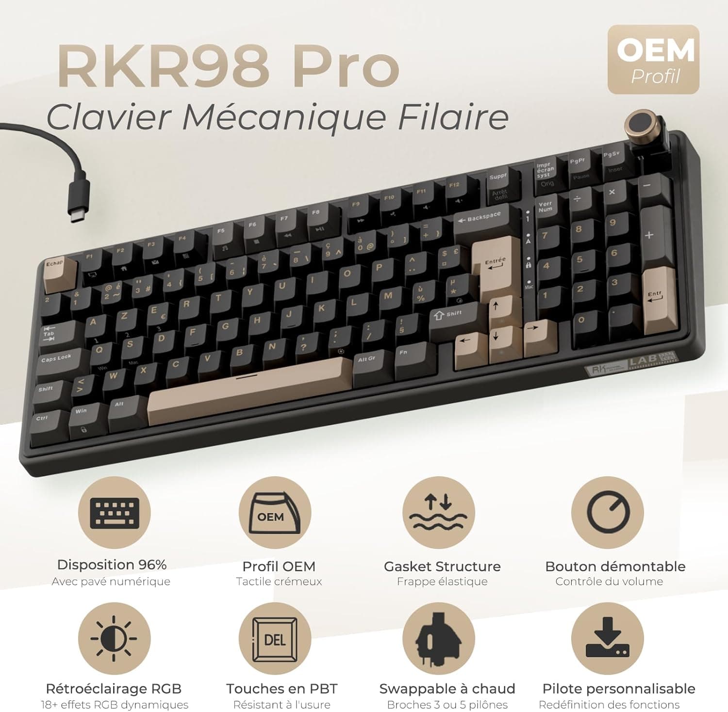 RK ROYAL KLUDGE R98 Pro Clavier Mécanique Filaire, Clavier Gamer 96% AZERTY, Rétroéclairage RGB, Touches PBT, Gasket Structure, Molette de Volume, Hot-Swap Switch Creamy Linéaire Pré-lubrifié