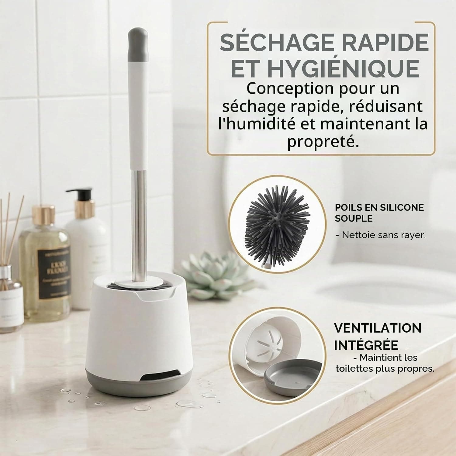 edihome, Brosse WC Silicone, Brosse Toilettes WC avec Support, Brosse Toilette Flexible, Antigoutte et Séchage Rapide, Design Rond