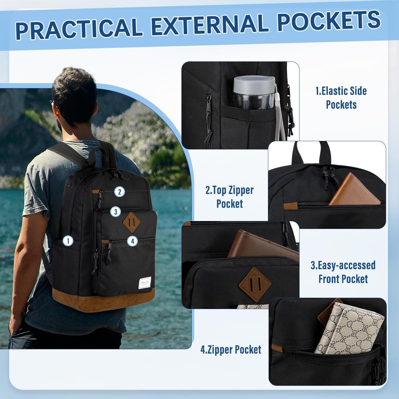 Chase Chic Sac À Dos Homme Femme - Sac D'école Antivol Sac De Ville D'affaires Loisirs Résistant à L'eau Pour College Travail École Voyage Adolescent étudiants 18,8L Noir
