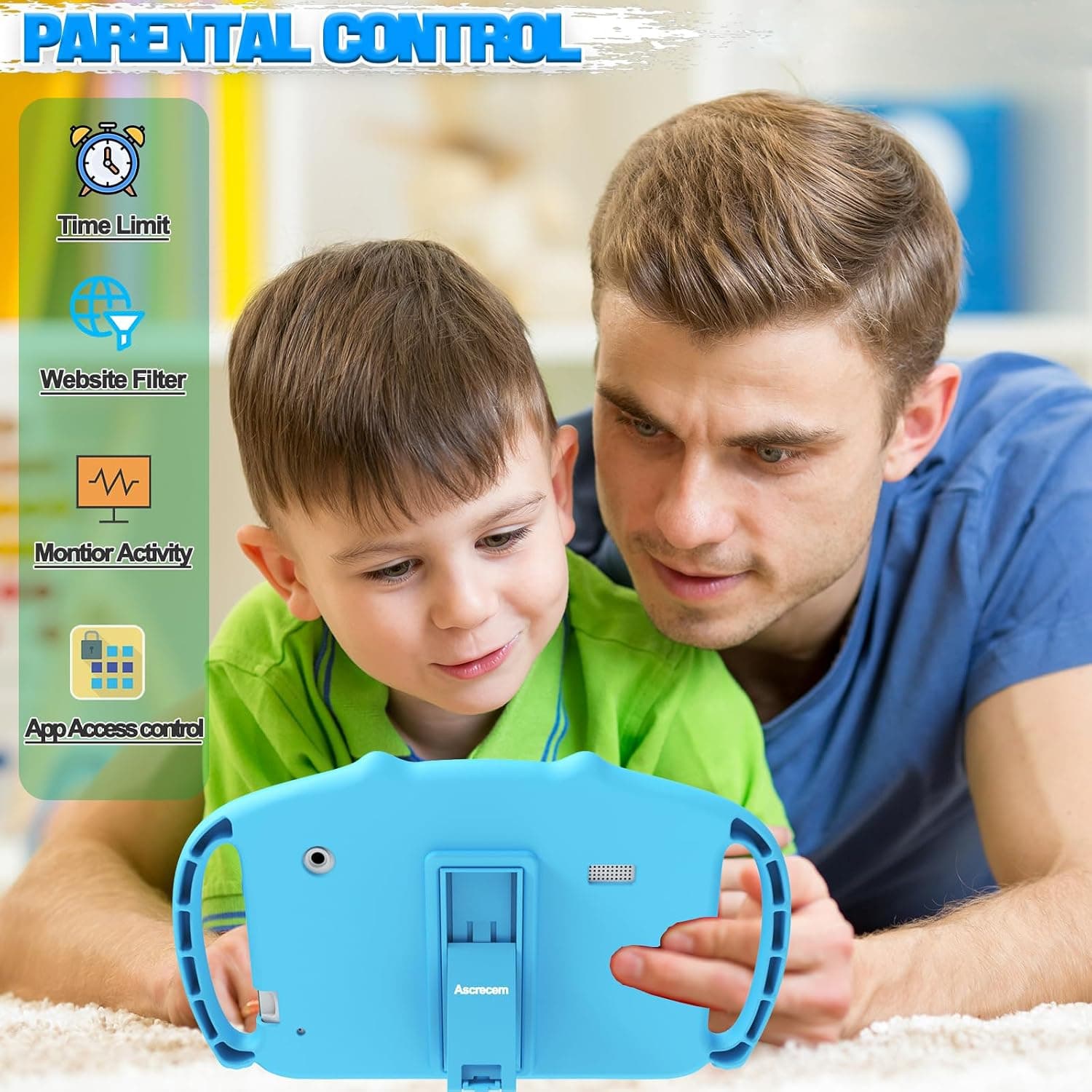 ascrecem Tablette Enfants 7 Pouces Tablette Tactile Enfant avec WiFi 2Go RAM 32Go ROM Android Tablette Educative avec Contrôle Parental Jeux Éducatifs Étui Antichoc de 3-14 Ans Garçon Fille (Bleu)