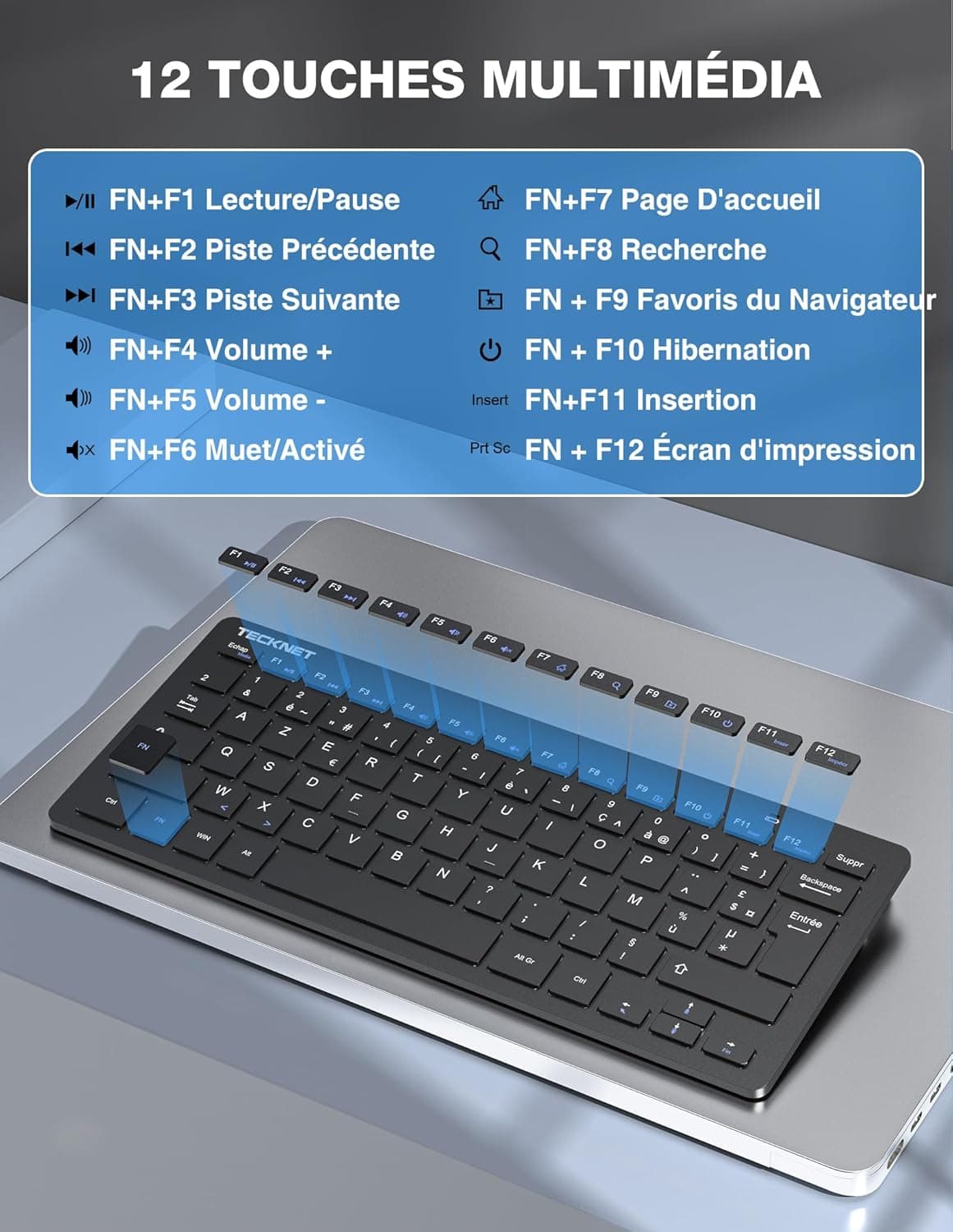 TECKNET Clavier et Souris sans Fil France AZERTY, 2.4G Silencieux, Noir | Récepteur Nano USB, 12 Raccourcis Multimédia, pour Ordinateur, PC, Ordinateur Portable, Ordinateur de Bureau