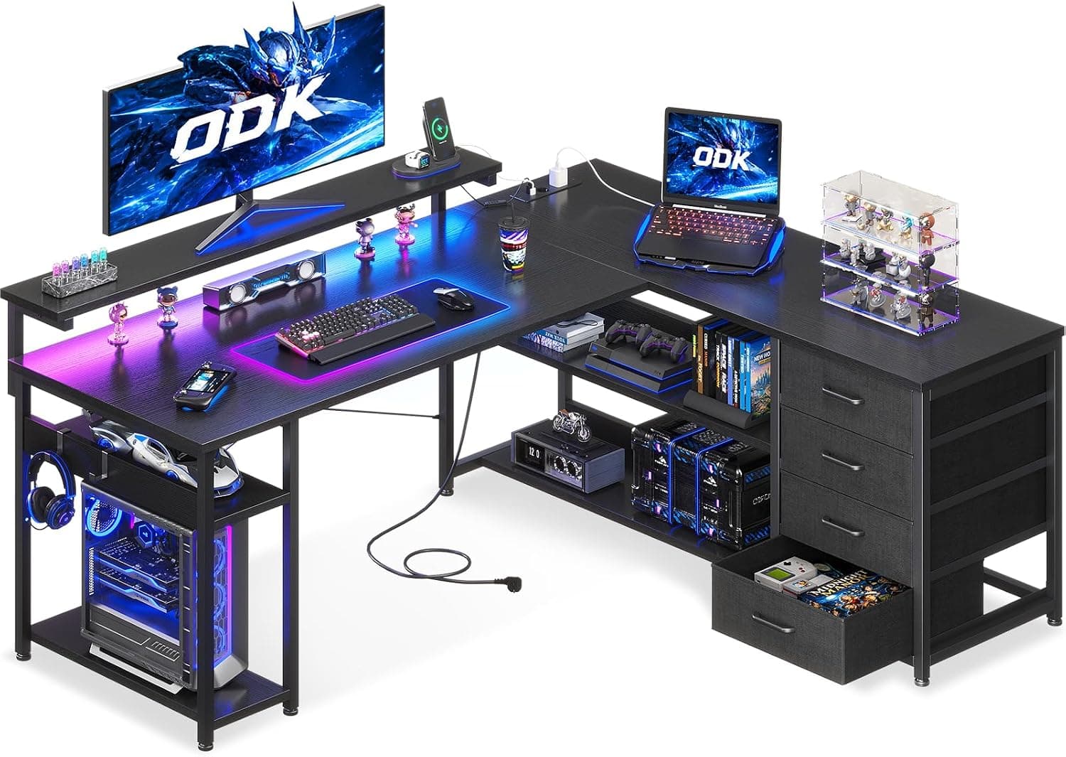 ODK Bureau d'angle avec Tiroirs et LED, 135x110cm Noir