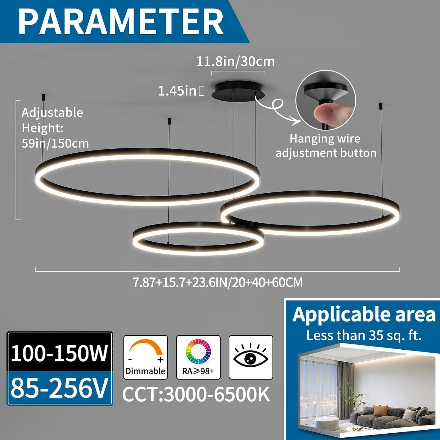 Mikeru 3 Anneaux Lampe Pendante Ronde, Suspension 20+40+60cm Lampe Pendante Télécommandée De 10% à 100% 3000k/4500k/6500k Plafonniers Modernes à Intensité Variable Pour Salon, Librairie