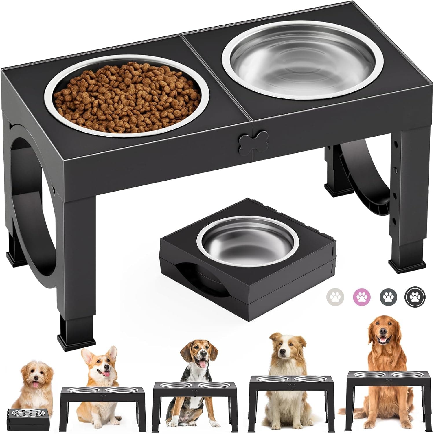 X XBEN Gamelle Chien Surélevées de 5 Hauteurs Ajustables, Gamelle pour Chien avec 2 Bols en Acier Inoxydable de 1,5L, Pliable, Antidérapant, Convient aux Petits, Moyens et Grands Chiens