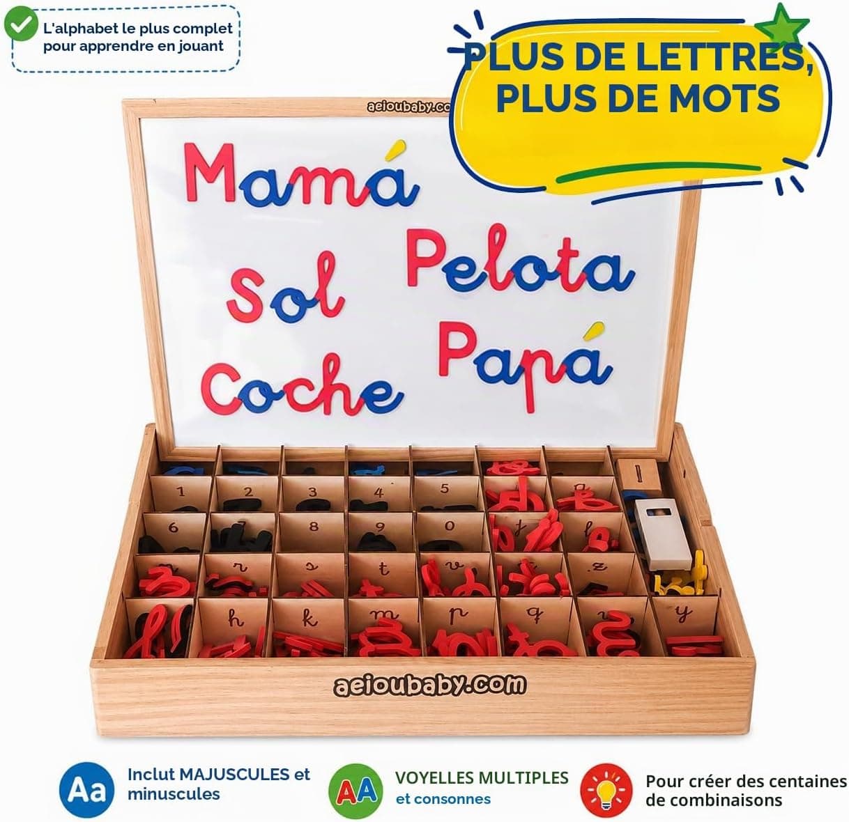 Lettres et Chiffres Magnétiques Montessori | Alphabet Cursif avec Majuscules, Minuscules et Nombres en Mousse EVA | Ardoise Réversible et Boîte en Bois | Jeu Éducatif Lecture et Écriture