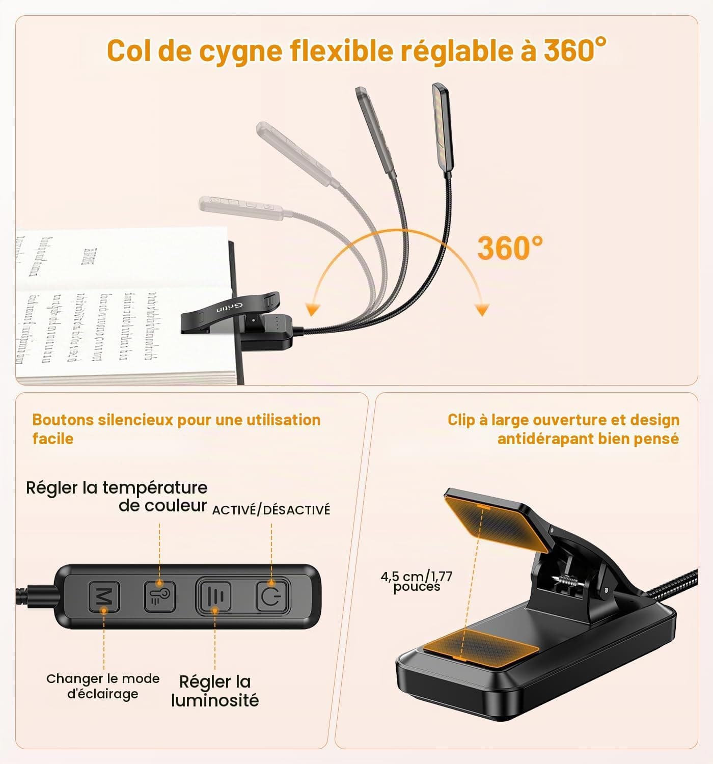 Gritin 2026 Gén.2 Lampe de Lecture, 30 LED Spectre Complet Liseuse Clip