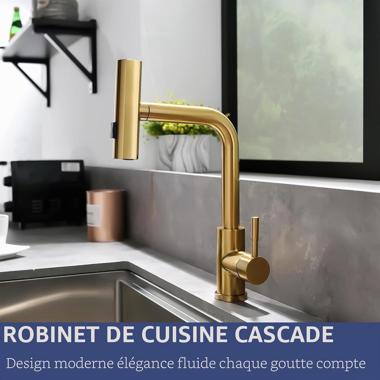 AIMADI Robinet de Cuisine Doré Élégant avec Flexibilité et 3 Jets - Robinet Évier Mitigeur à Poireau Pulvérisateur Extractible (Jet d'Eau, Cascade, Douche)