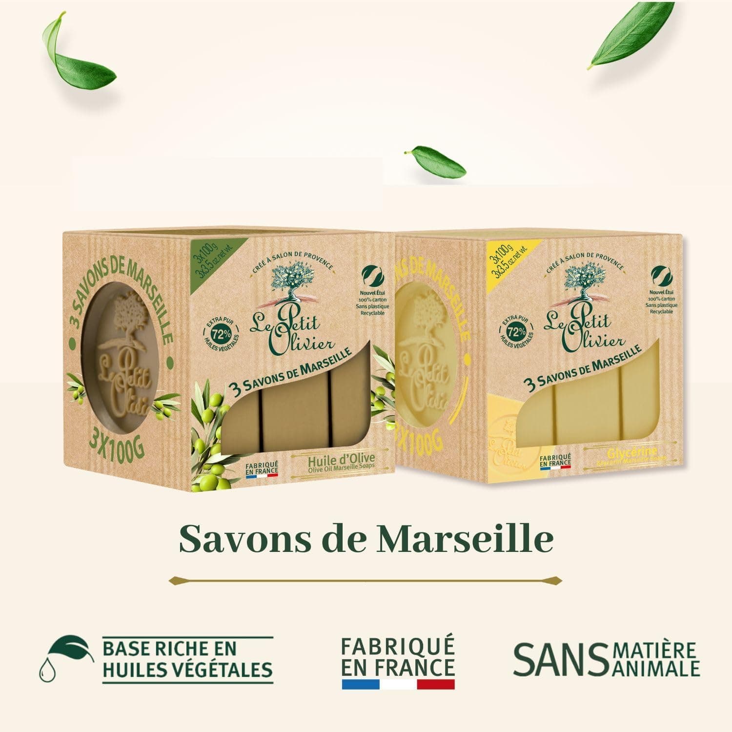 LE PETIT OLIVIER 3 Savons de Marseille à l'Huile d'Olive 3x100g