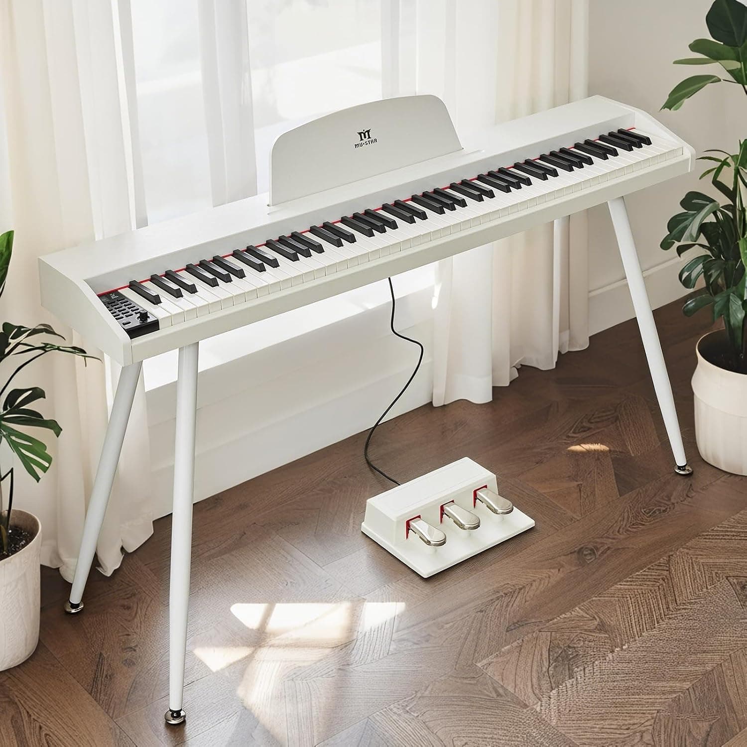 MUSTAR Piano numérique 88 touches pour débutants, clavier piano taille complète avec 3 unités de pédale, piano électrique portable, piano numérique pour la maison avec MIDI-USB et support, blanc